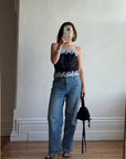 Vintage 90s Black Lace Up Corset with Contrast Flowers