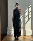 Vintage 70s High Neck Silver Lurex Evening Gown Noir