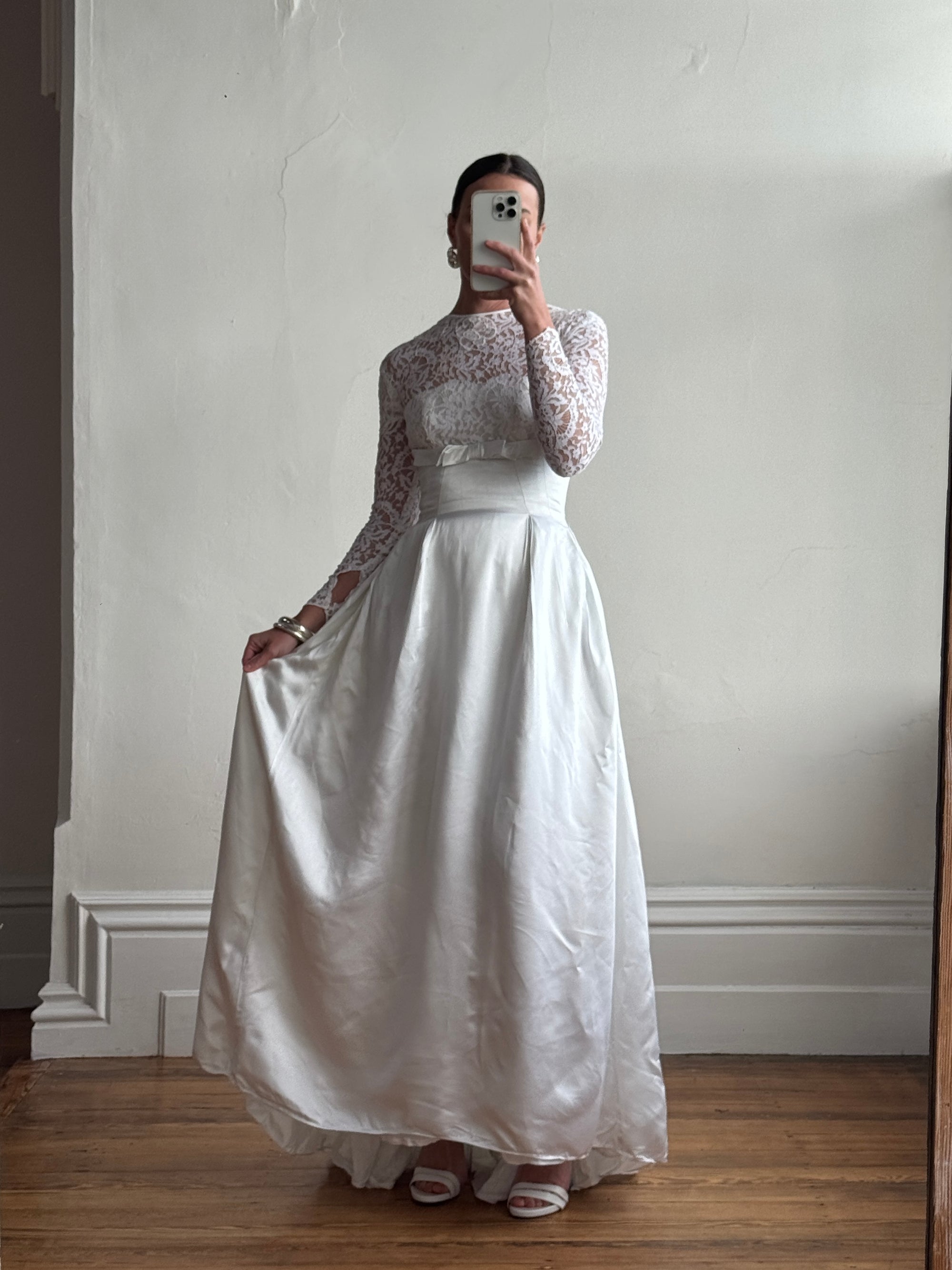 Vintage 50s Reworked Lace Long Sleeve Satin Wedding Gown With Bow