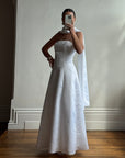 Vintage 90s A-Line Strapless Satin Wedding Dress with Shawl