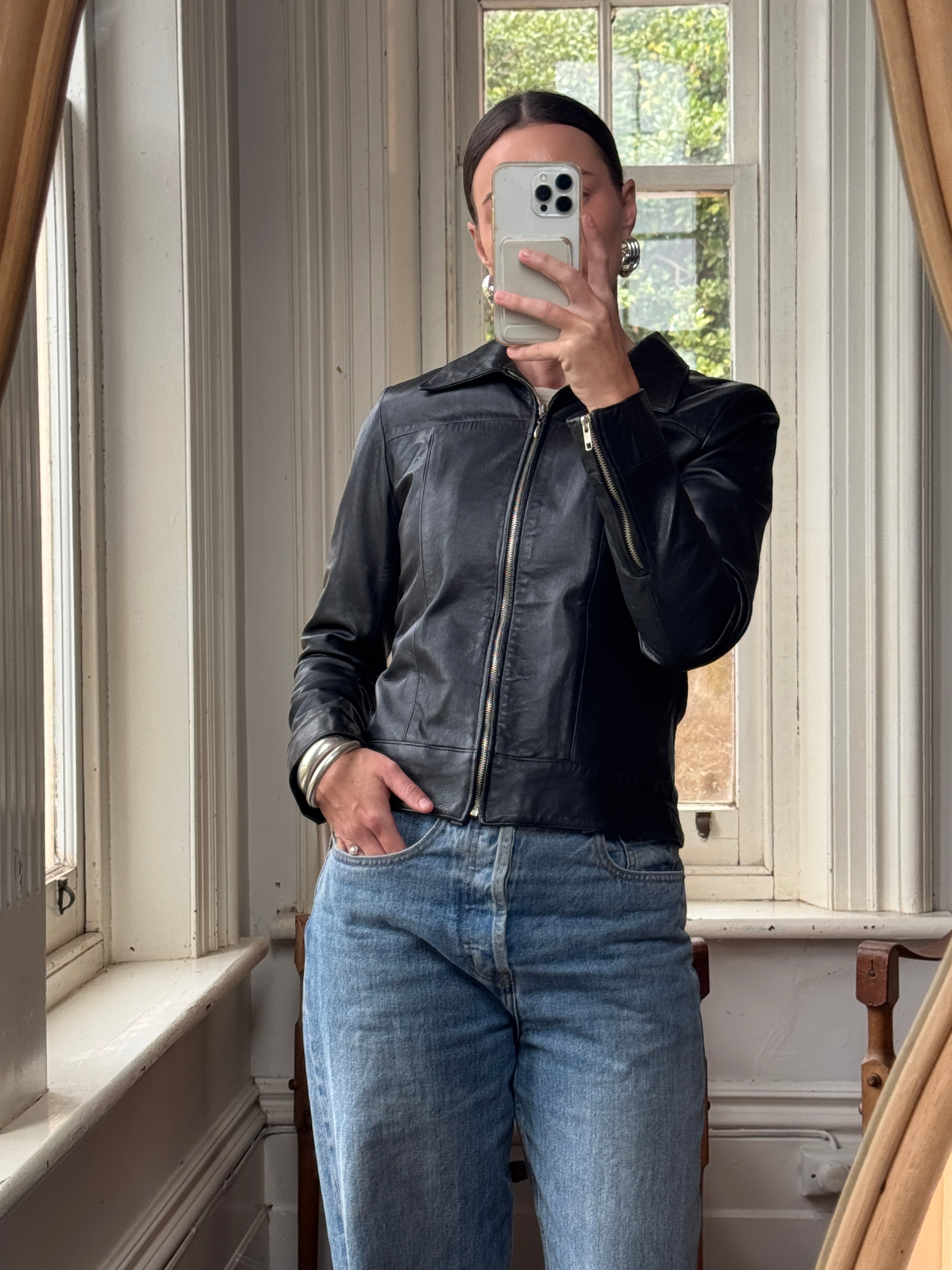 Vintage 90s Cropped Zip Front Leather Jacket
