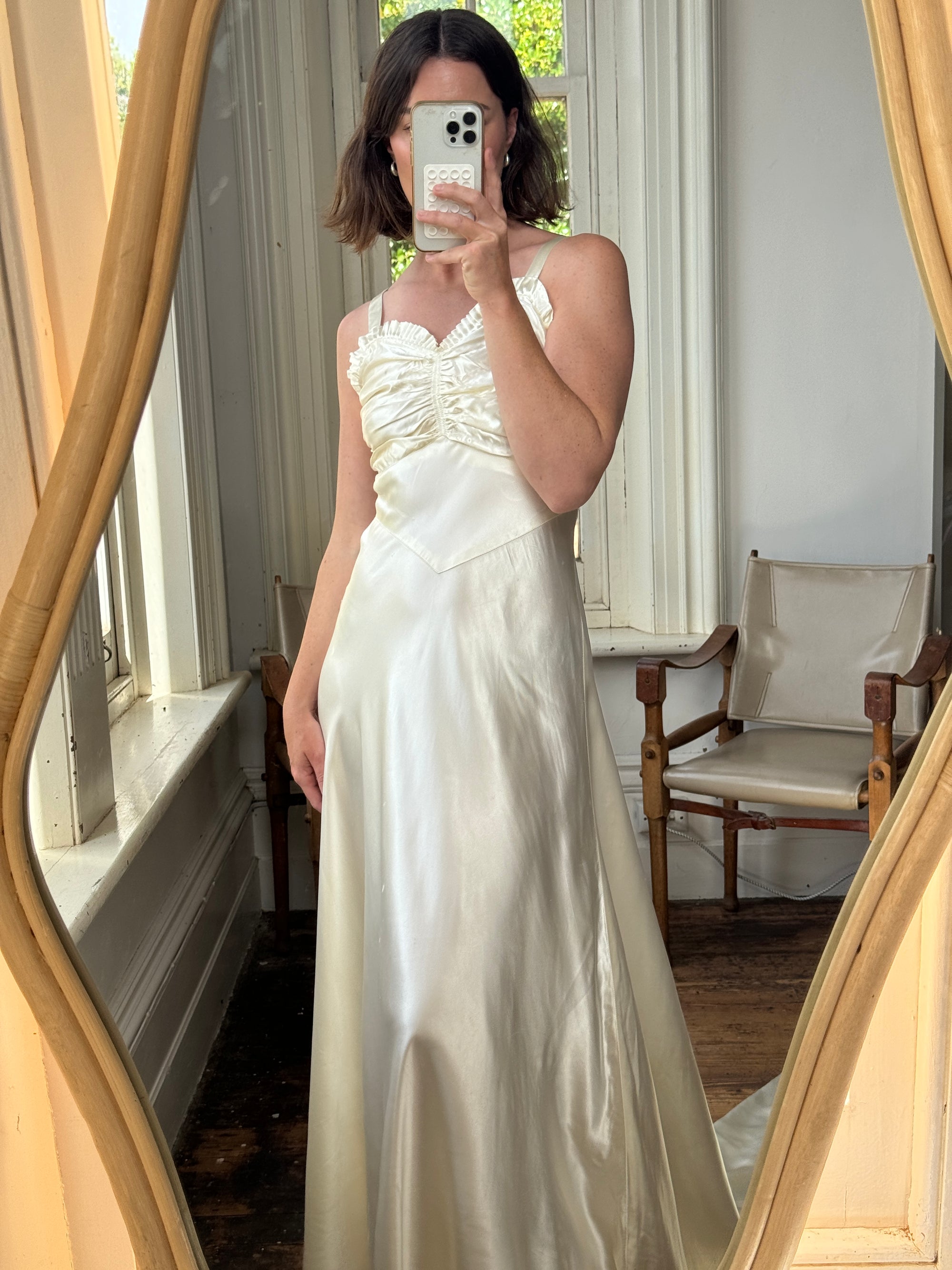 Vintage 30s Creme Liquid Satin Dress with Train and Jacket