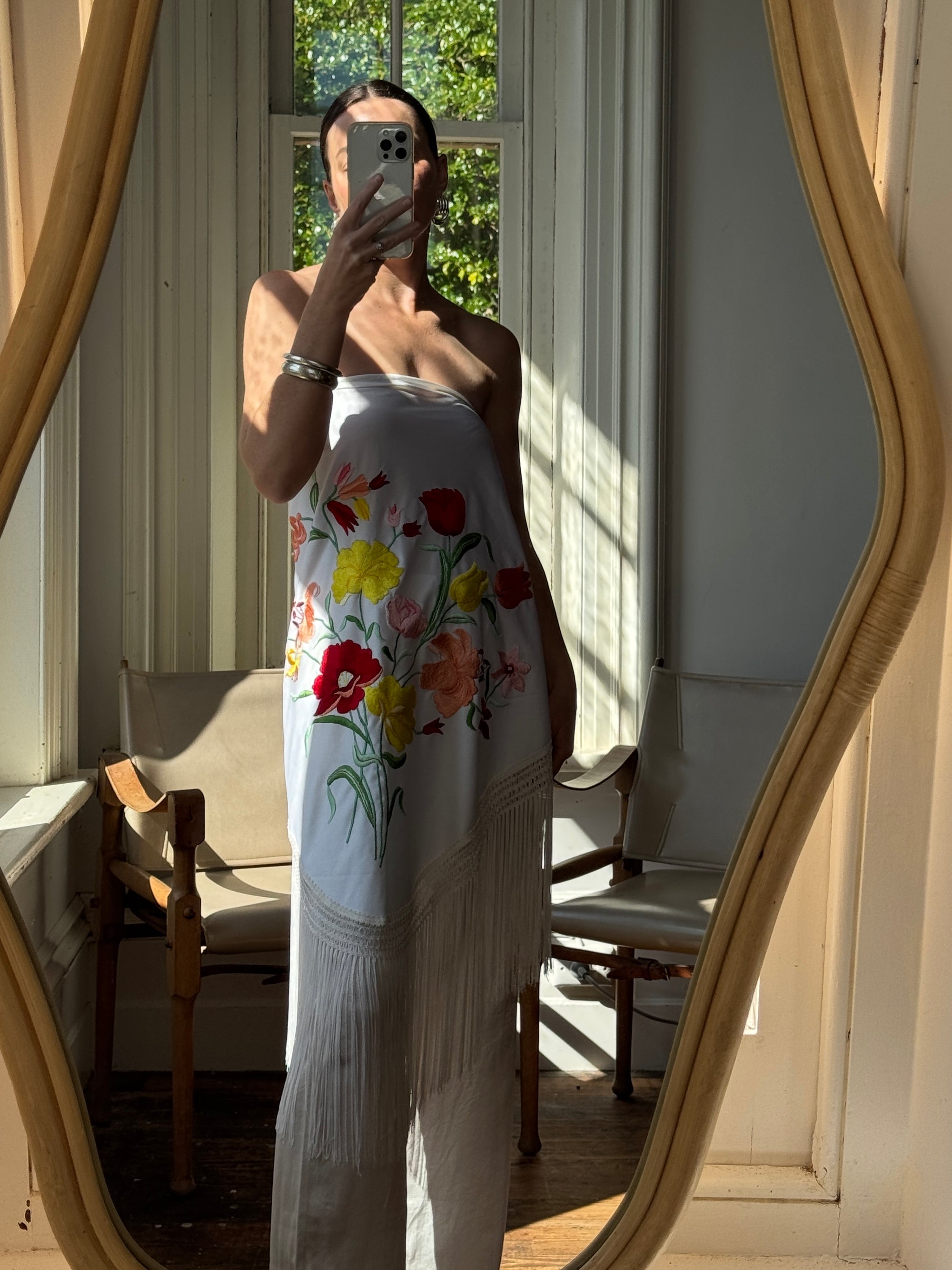 Vintage Embroidered Large Spanish Flamenco Scarf White