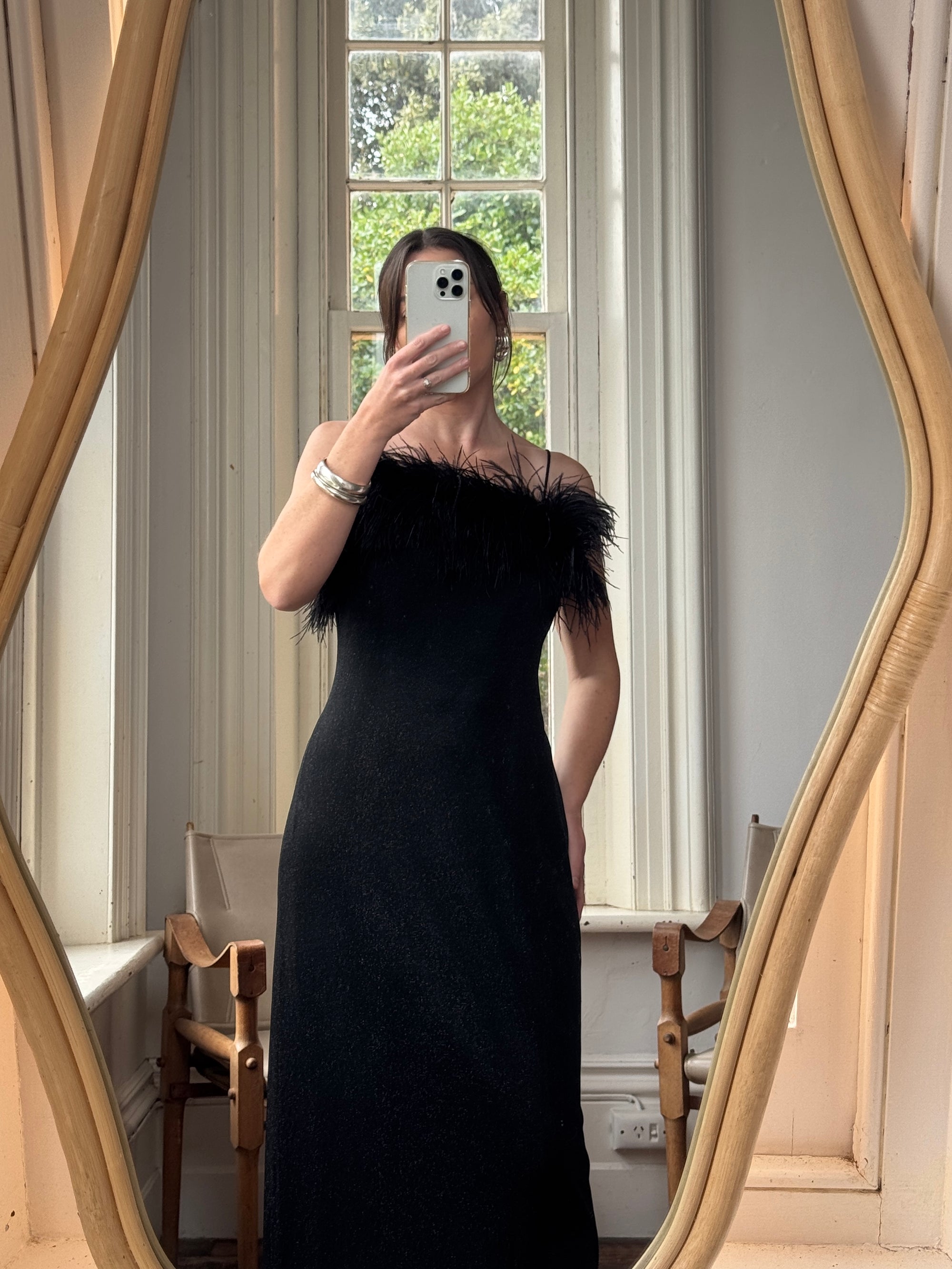 Vintage 90s Lurex Ostrich Feather Dress Noir