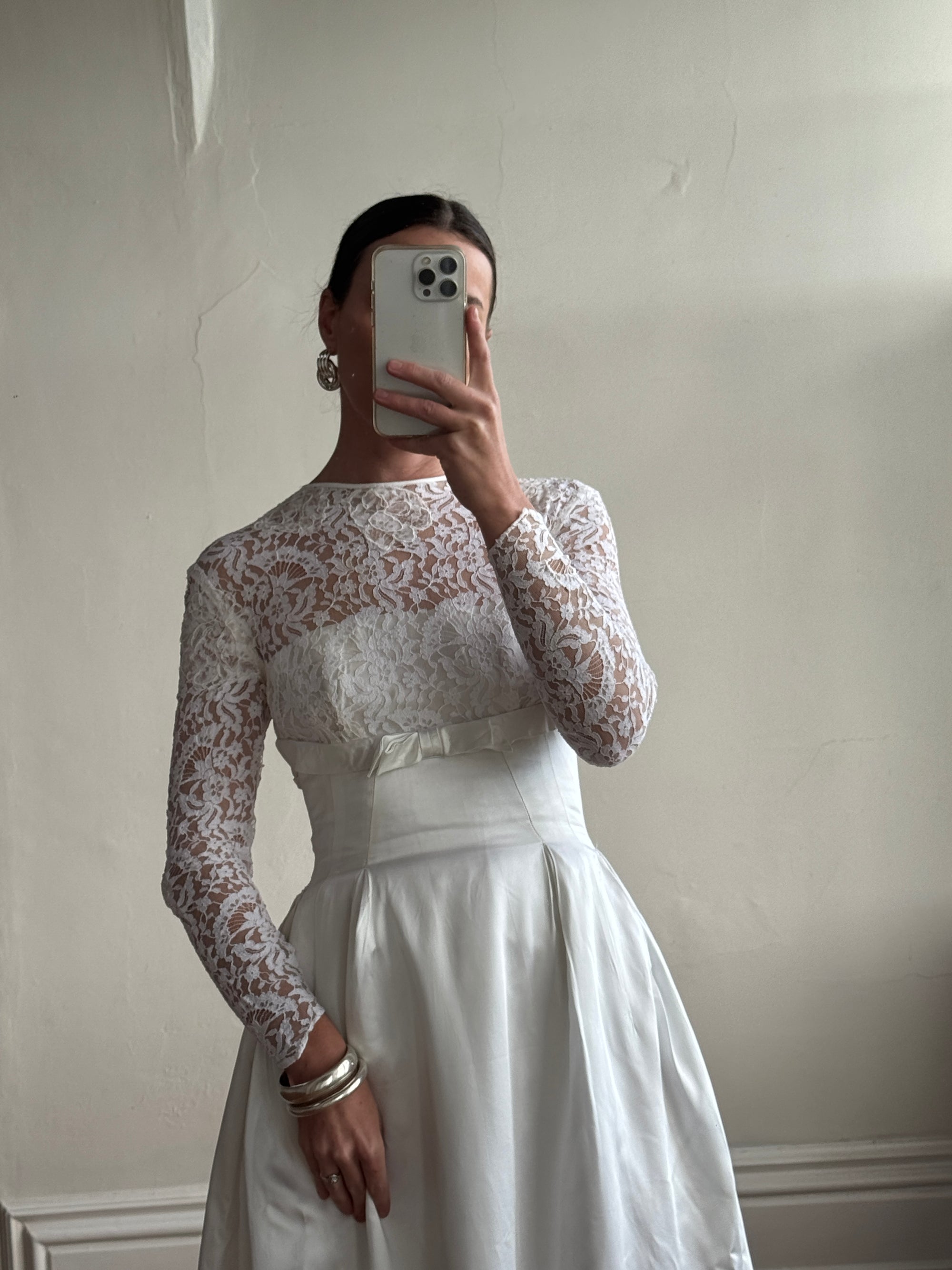 Vintage 50s Reworked Lace Long Sleeve Satin Wedding Gown With Bow
