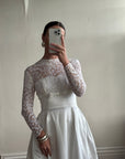Vintage 50s Reworked Lace Long Sleeve Satin Wedding Gown With Bow