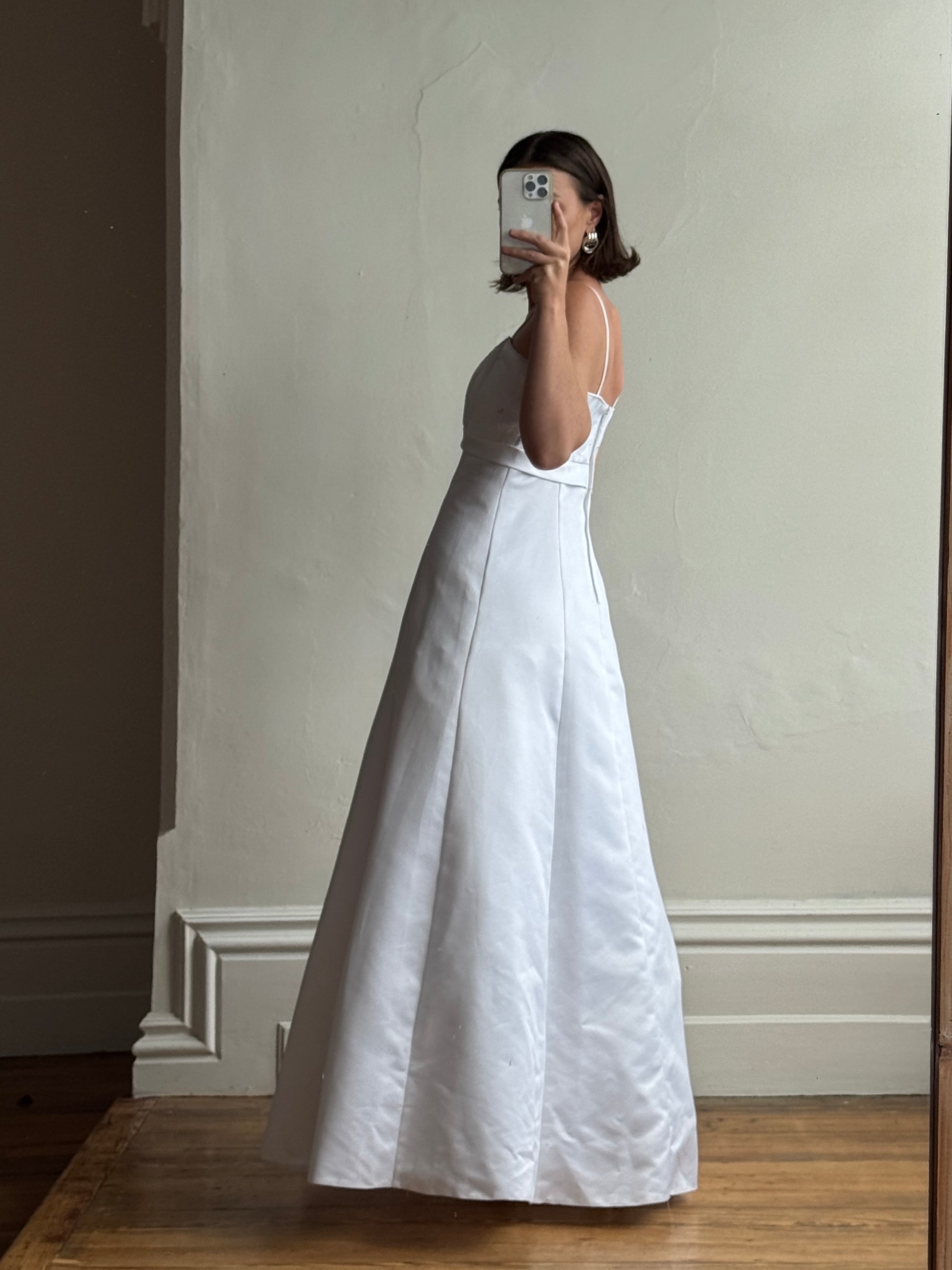 Vintage 90s A-Line Satin Wedding Dress with Rhinestone Pendant