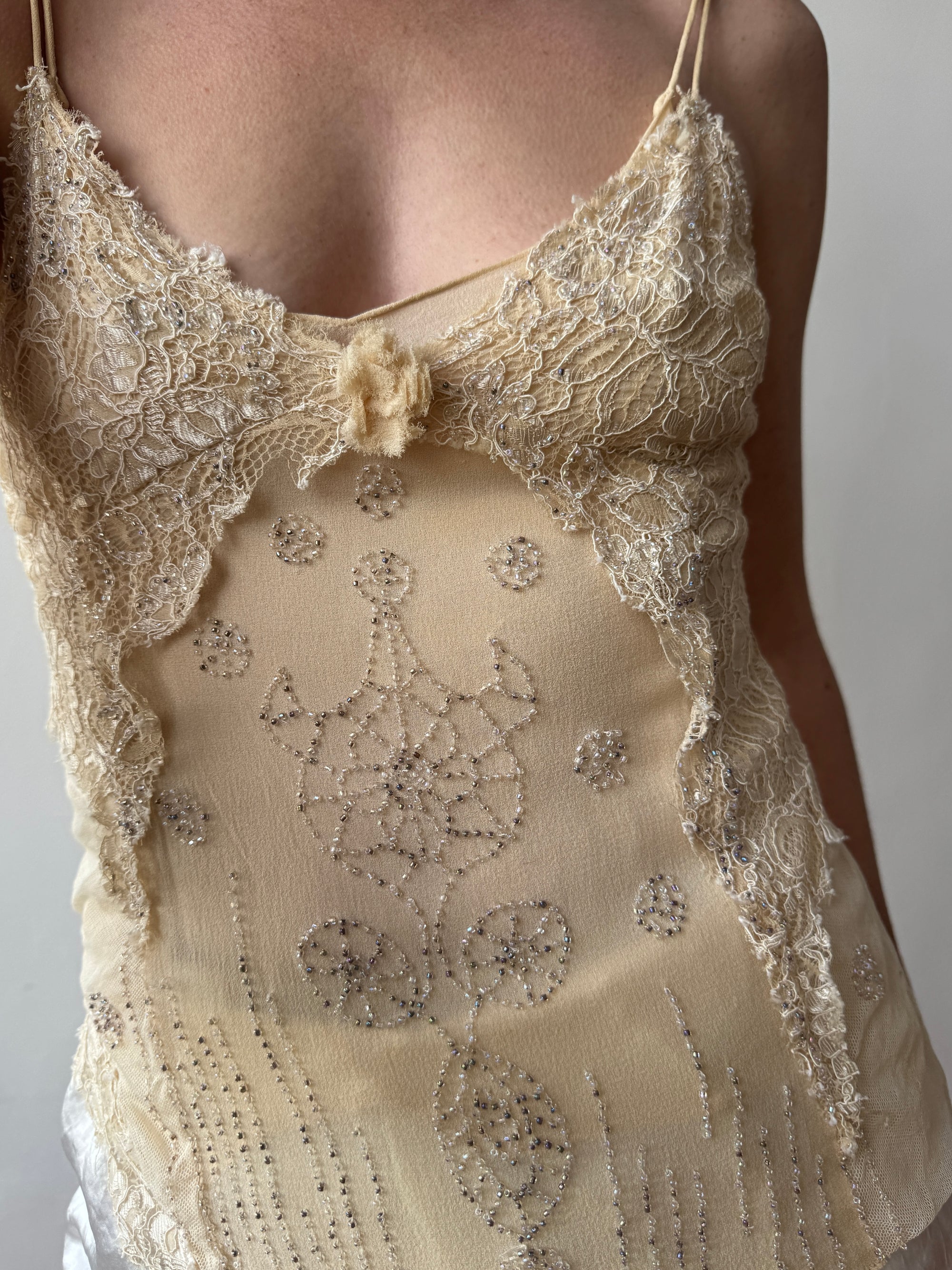 Vintage 90s DKNY Pure Silk Embroidered Camisole Creme