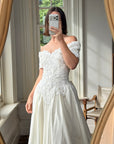Vintage 90s Embellished Off Shoulder Satin Wedding Gown