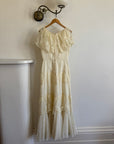 Vintage 70s Creme Tiered Lace Wedding Dress with Pleats