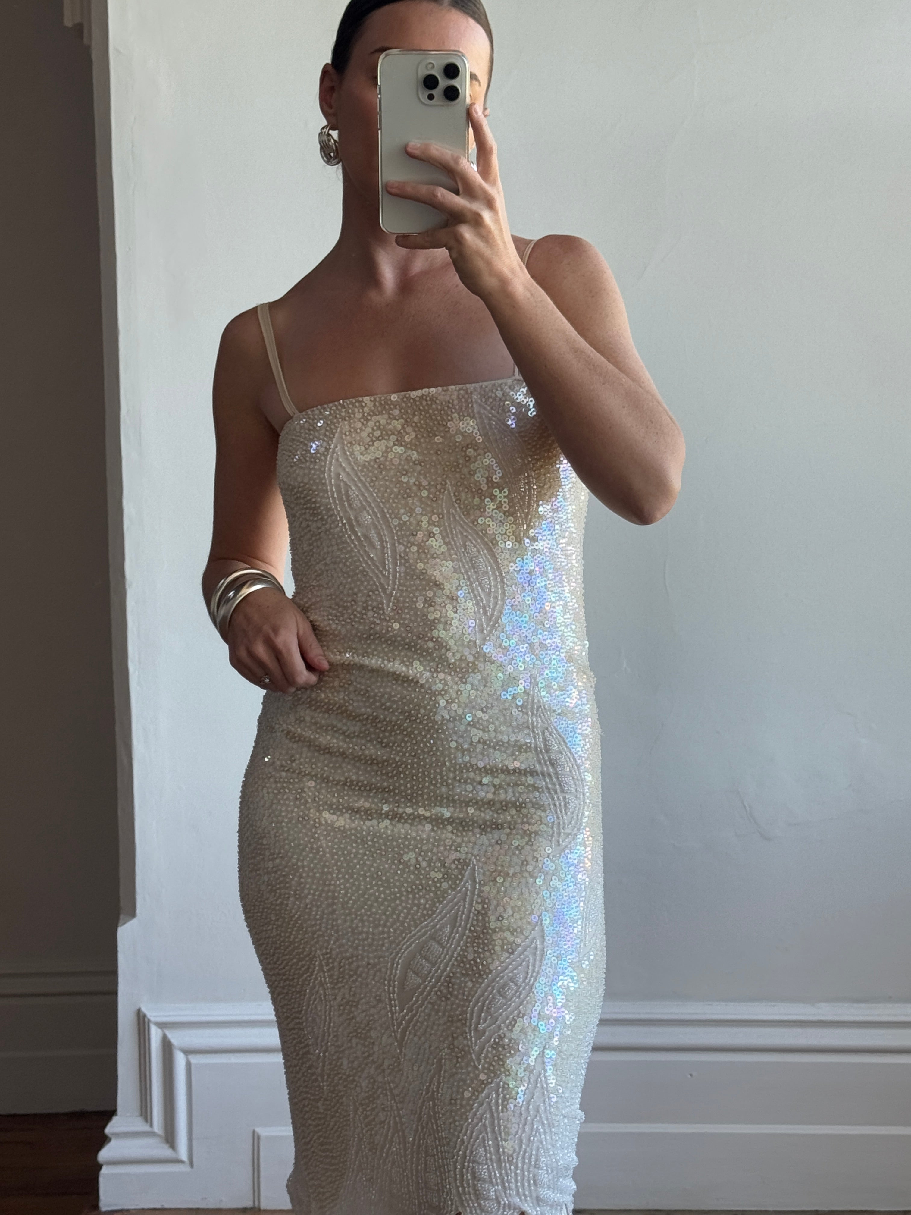 Vintage 90s Pure Silk Sequin Party Dress Creme