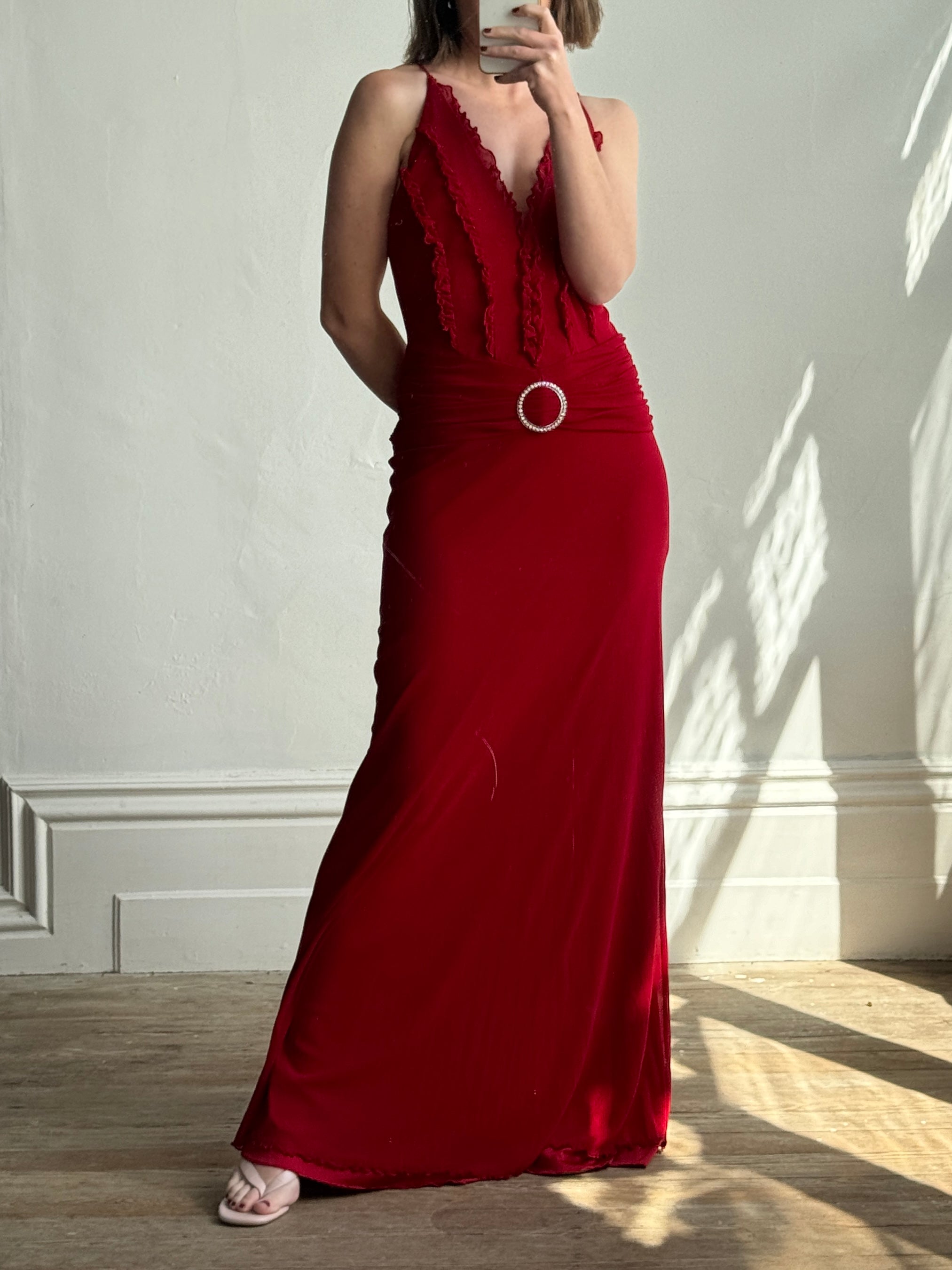 Vintage 90s Flame Red Ruffle Evening Dress with Rhinestone Belt