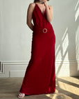 Vintage 90s Flame Red Ruffle Evening Dress with Rhinestone Belt