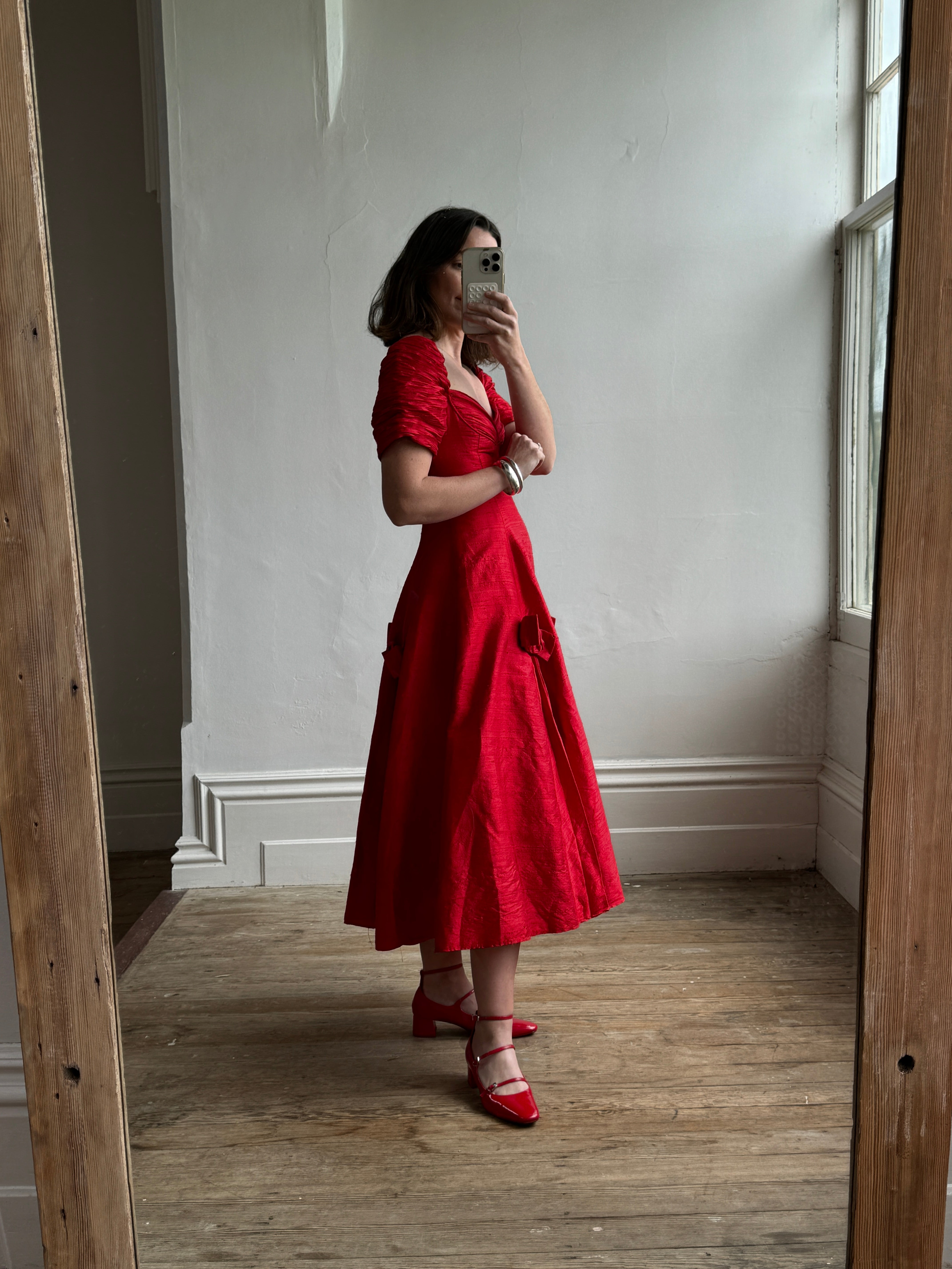 Vintage Pure Silk Red Off Shoulder Midi Dress