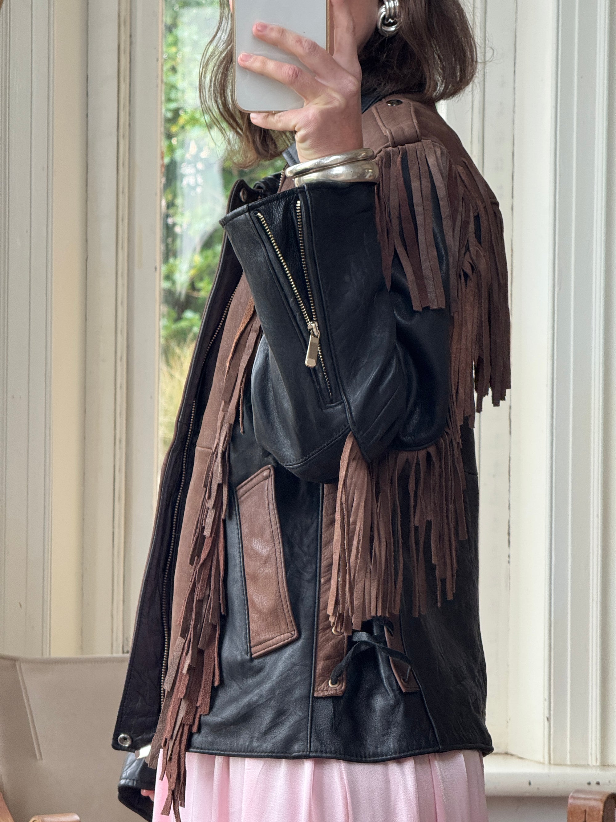 Vintage 70s Fringed Lace Up Leather Jacket Chocolate Noir