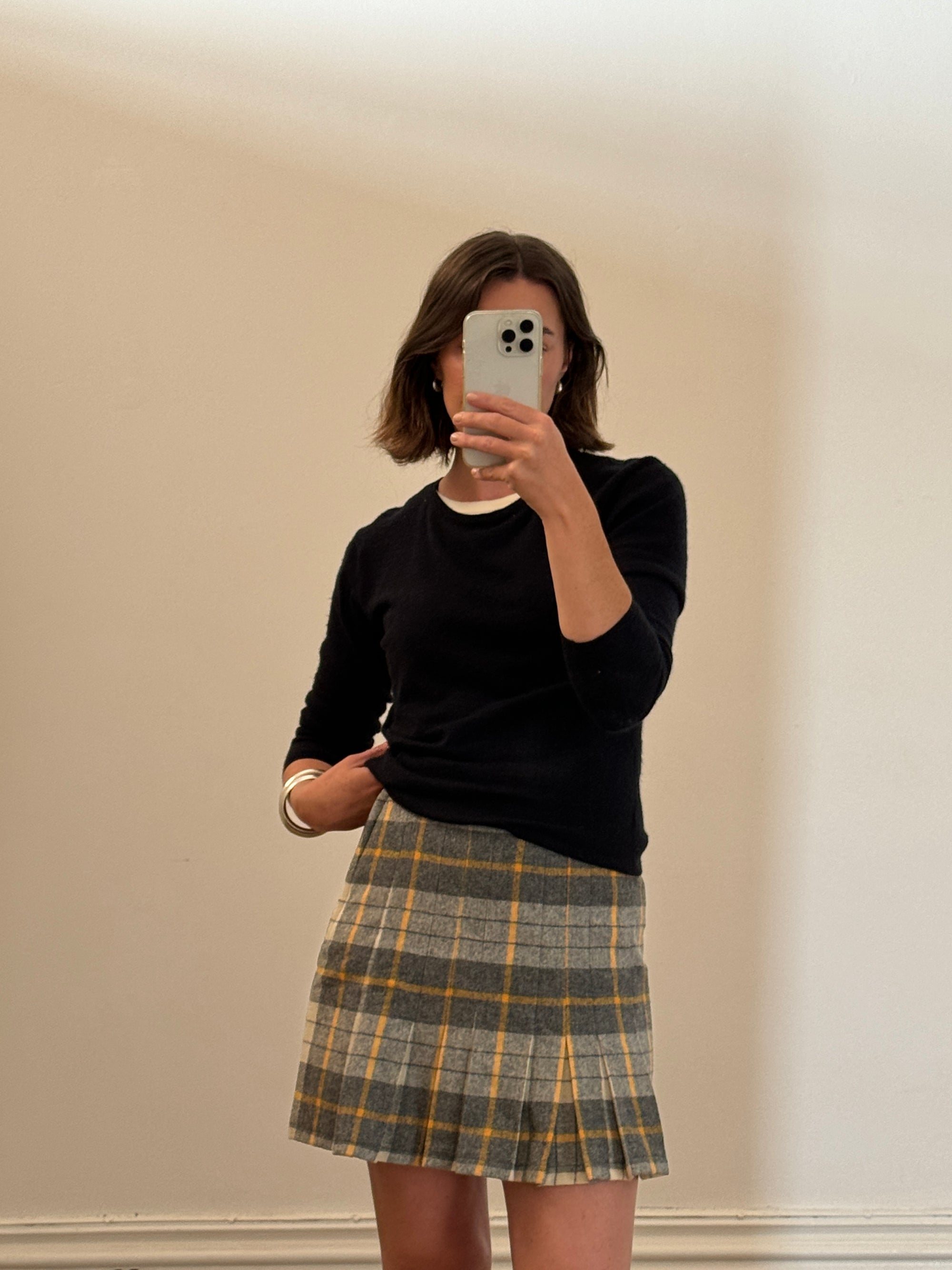 Vintage Tartan Wool Pleated Mini Skirt Light Grey
