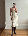 Vintage 90s Pure Silk Sequin Leaf Cowl Neck Dress