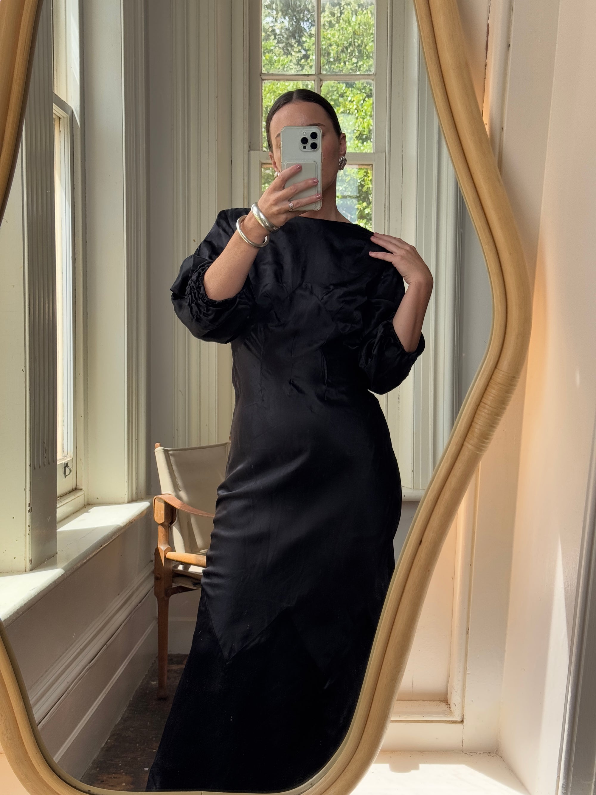 Vintage 30s Black Satin Backless ZigZag Fishtail Dress