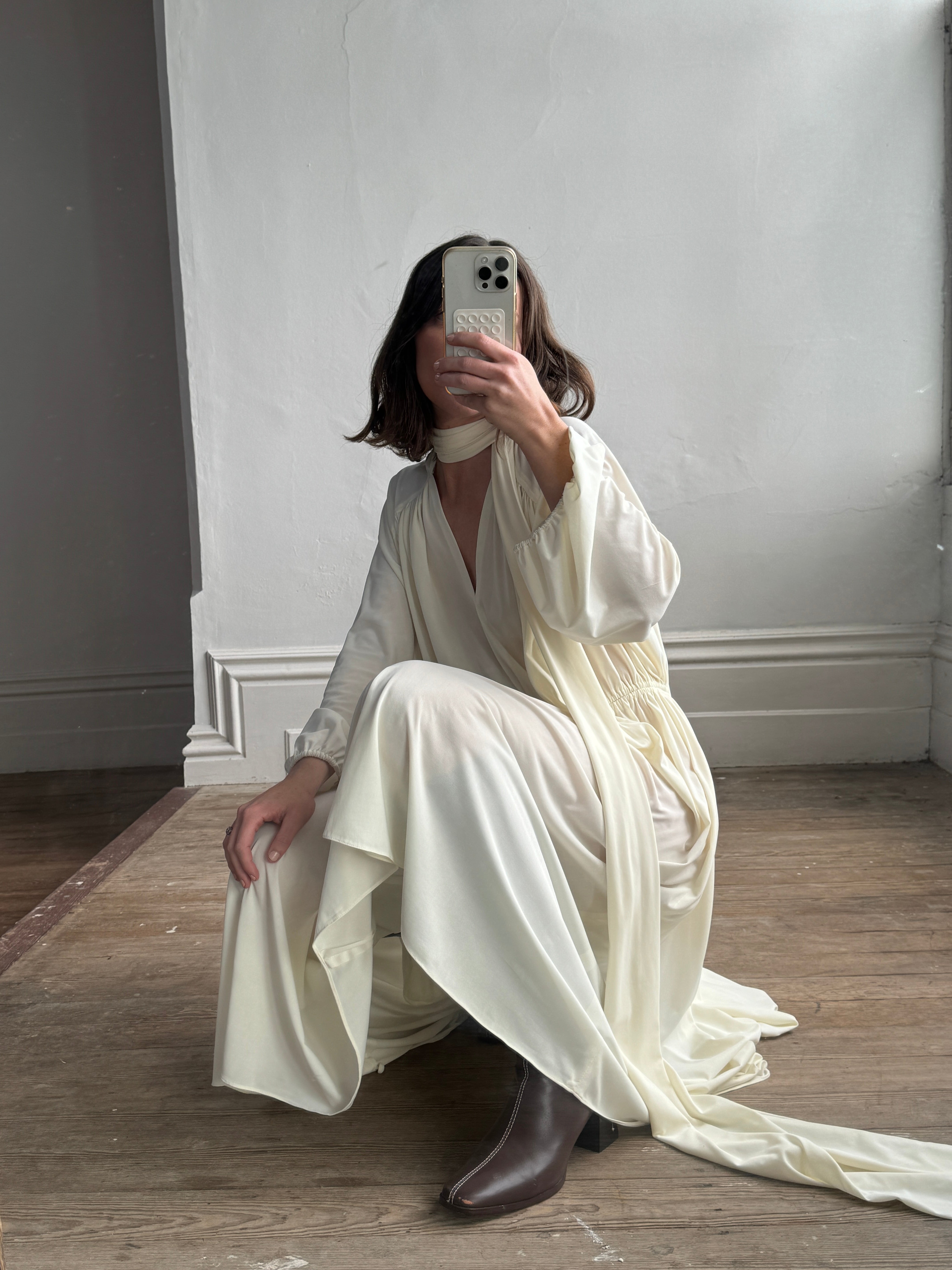 Vintage 70s Drapey Poolside Dress Creme