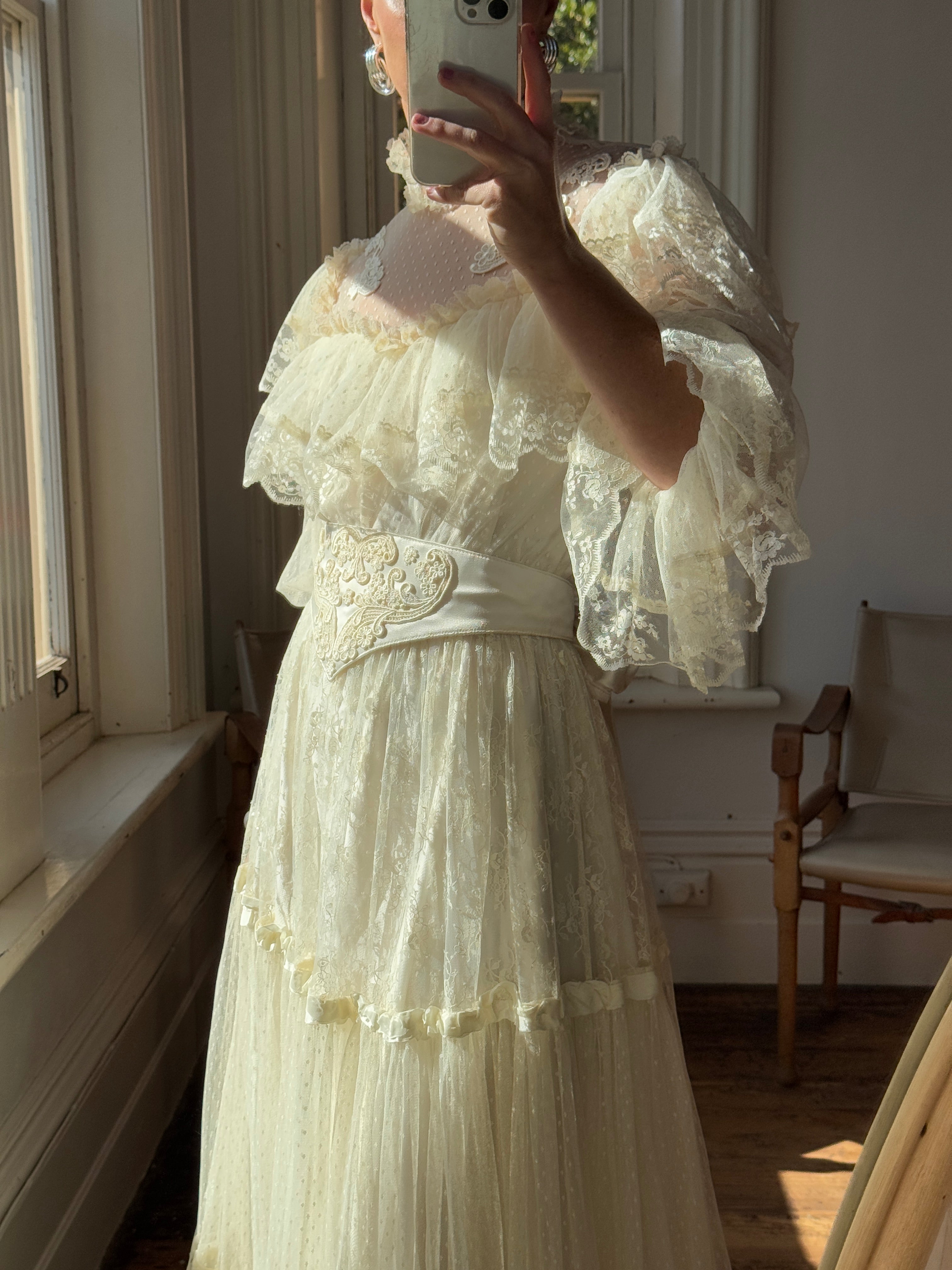 Vintage 70s Prairie Lace Wedding Gown with Beaded Basque Waist Belt