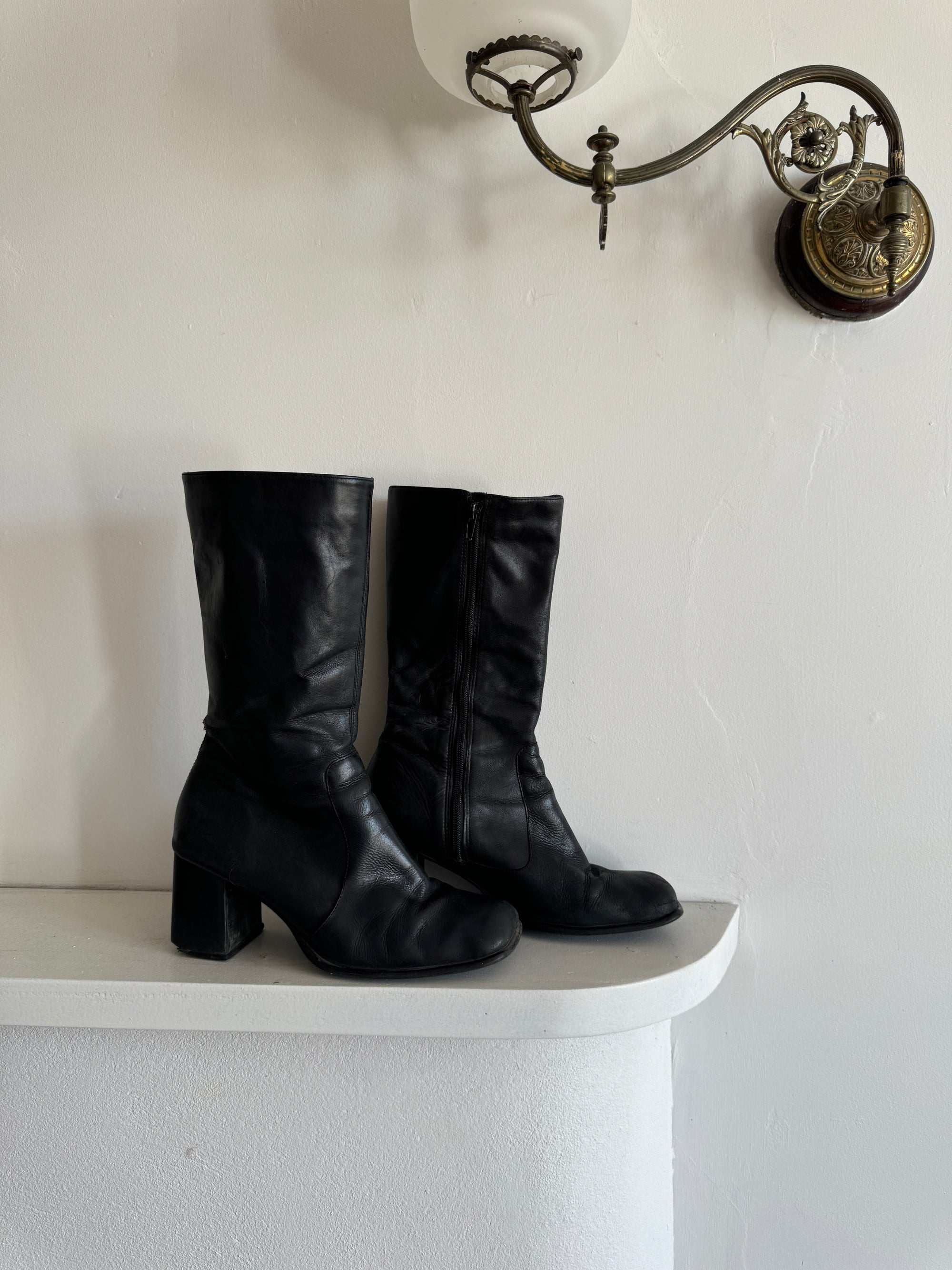 Vintage 90s Square Toe Genuine Leather Boots Noir