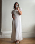 Vintage 70s White Chiffon Smocked Puff Sleeve Wedding Dress