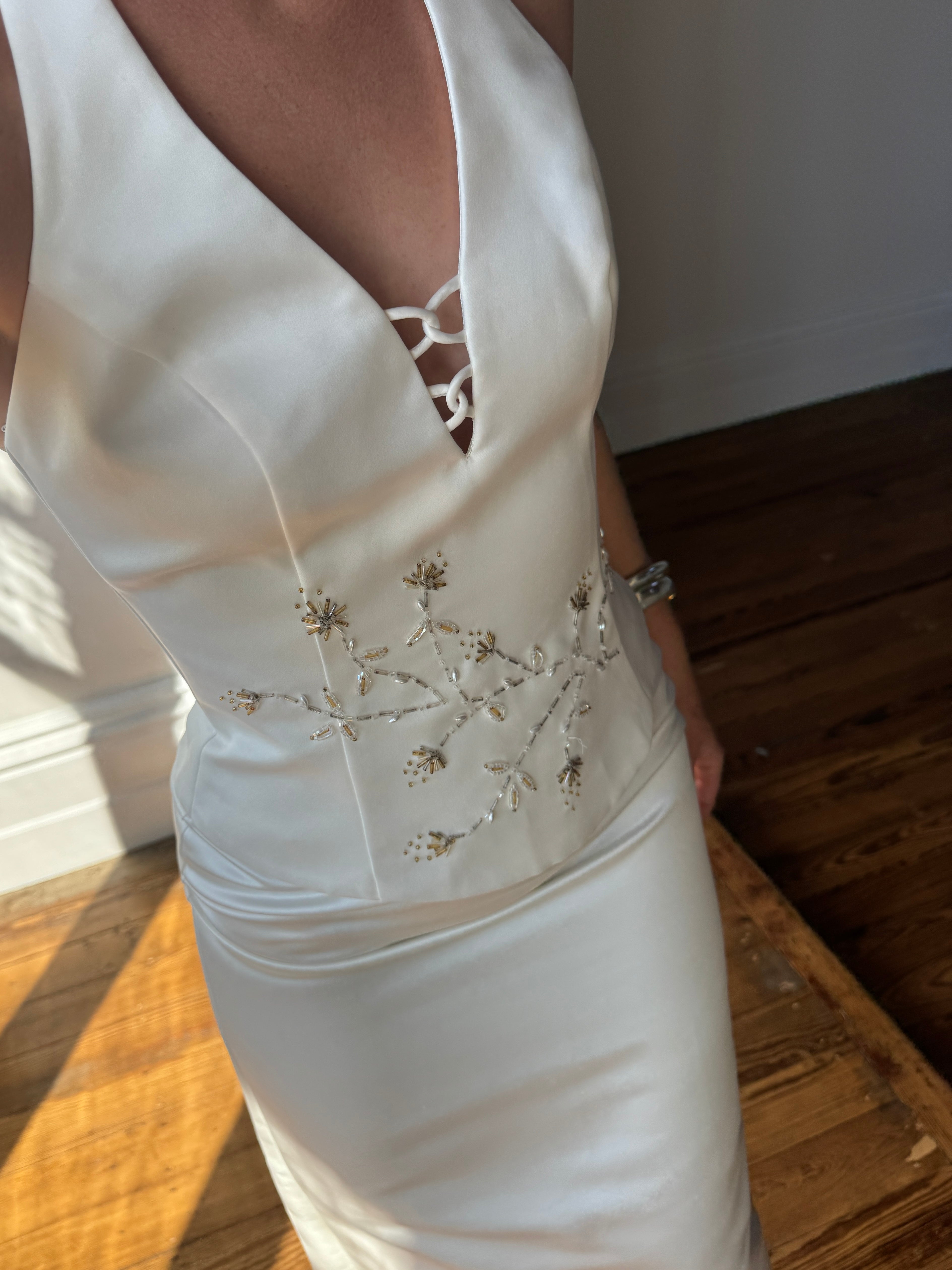 Vintage 90s Halter Two Piece Embellished Satin Wedding Set
