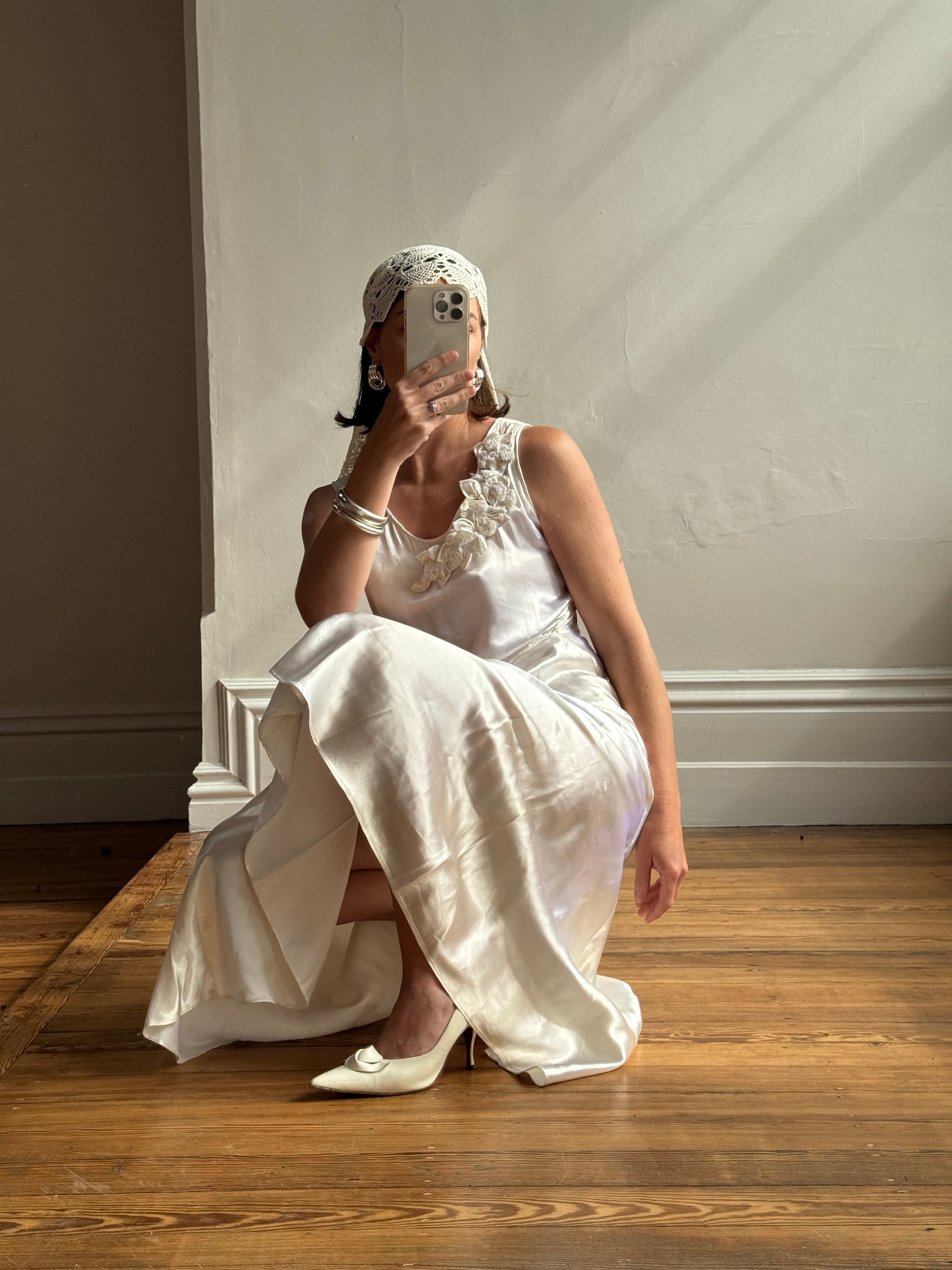 Vintage 30s Satin Bias Belted Bridal Midi