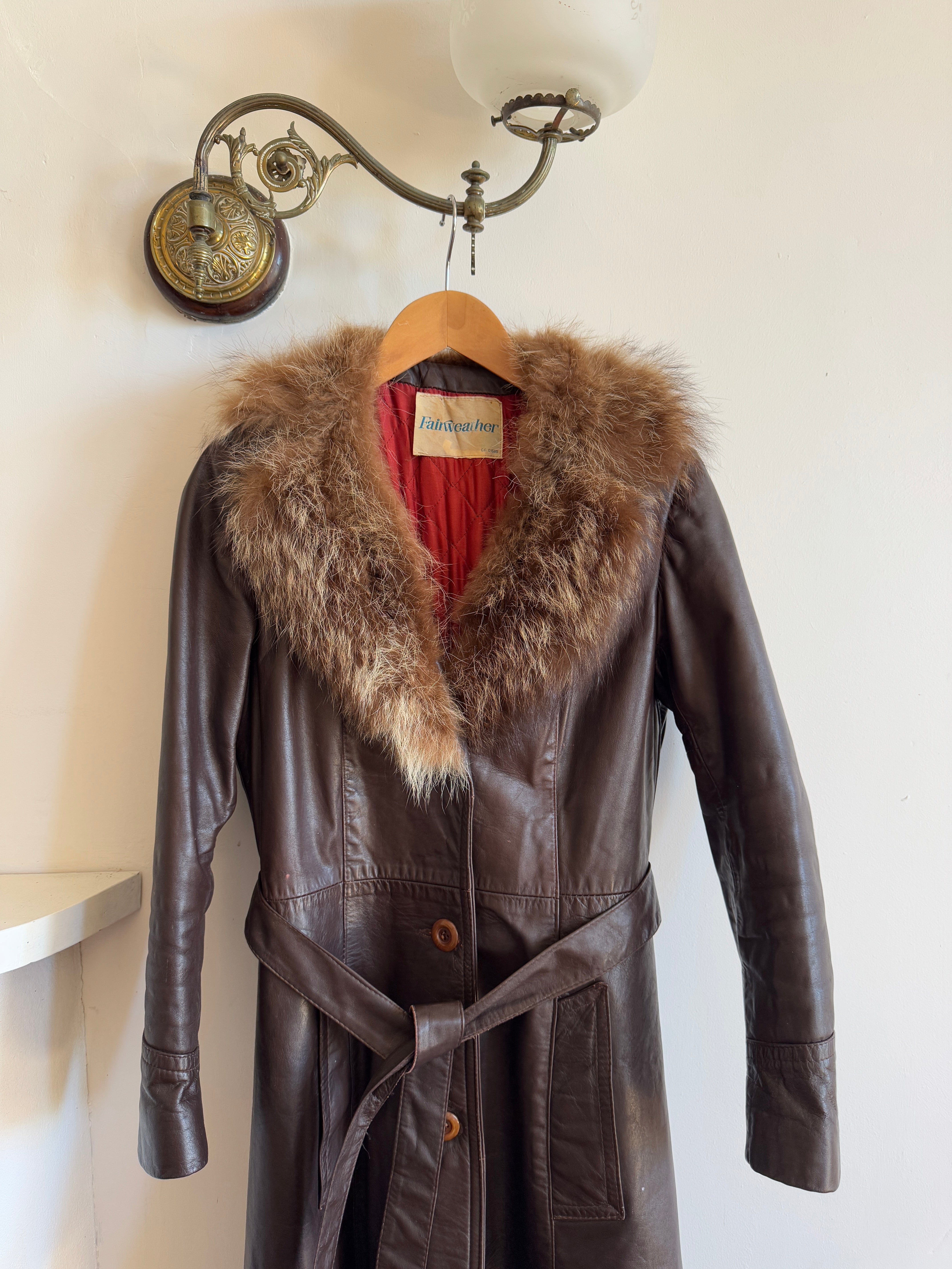 Vintage 70s Chocolate Leather Trench Coat with Fur Collar