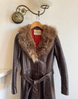 Vintage 70s Chocolate Leather Trench Coat with Fur Collar