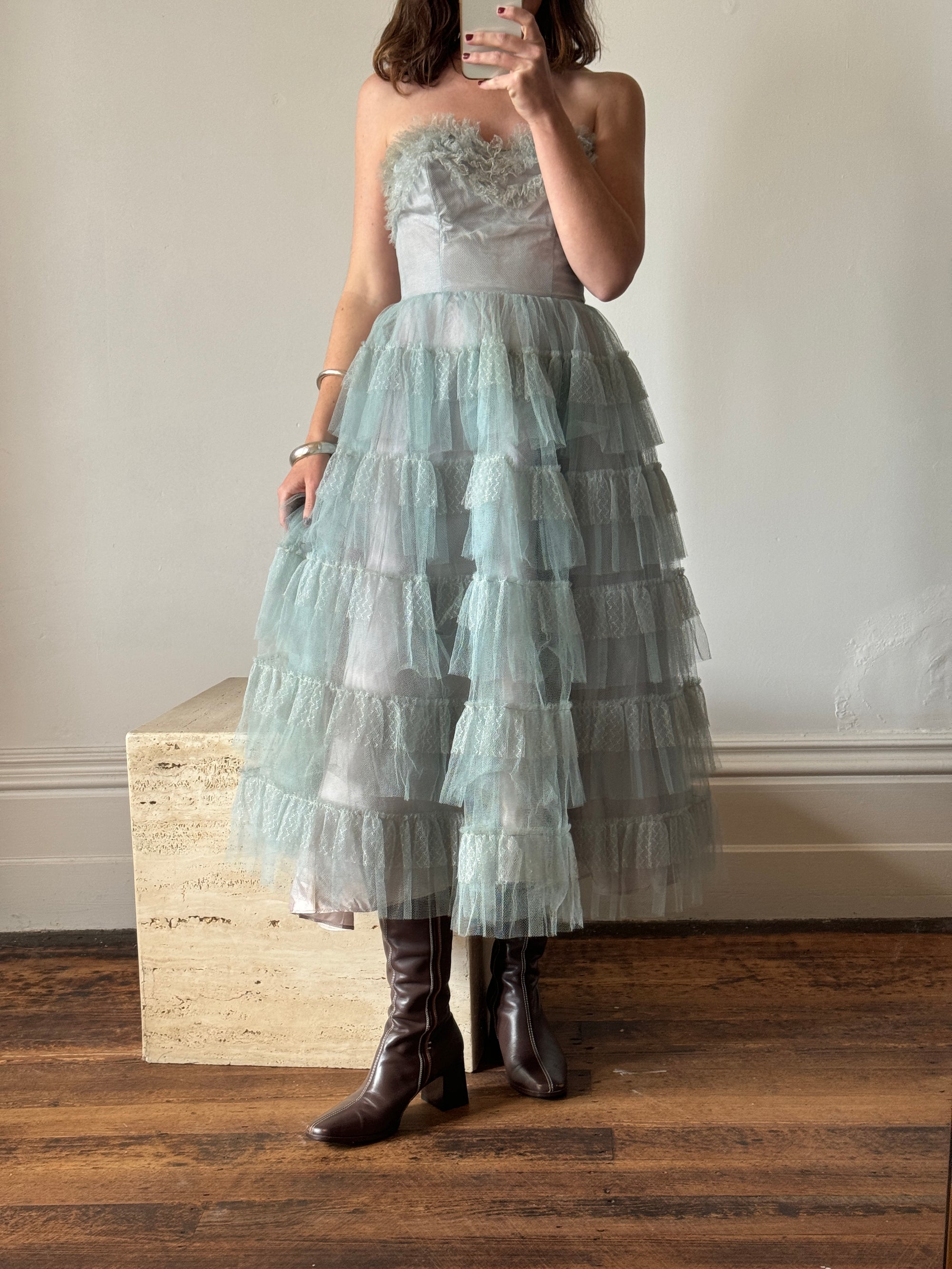 Vintage 40s Duck Egg Blue Tulle Prom Dress