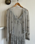 Vintage 90s Pure Silk Beaded V Neck Dress Light Grey