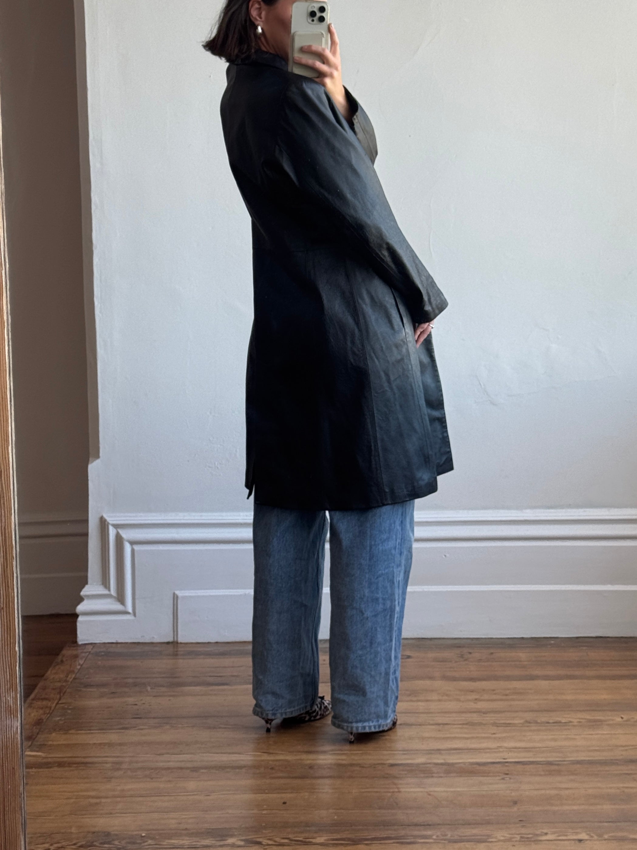 Vintage 90s Leather Mid Length Trench