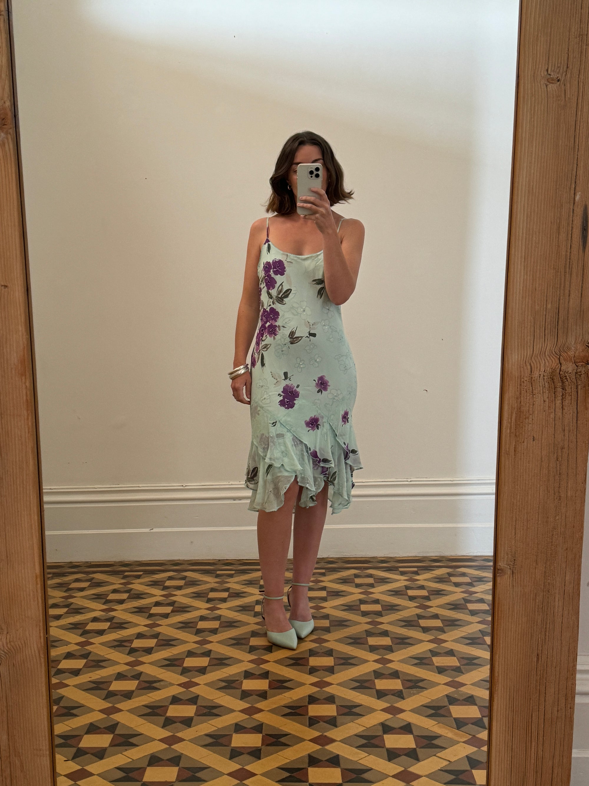 Vintage 90s Pure Silk Floral Mint Fairy Dress