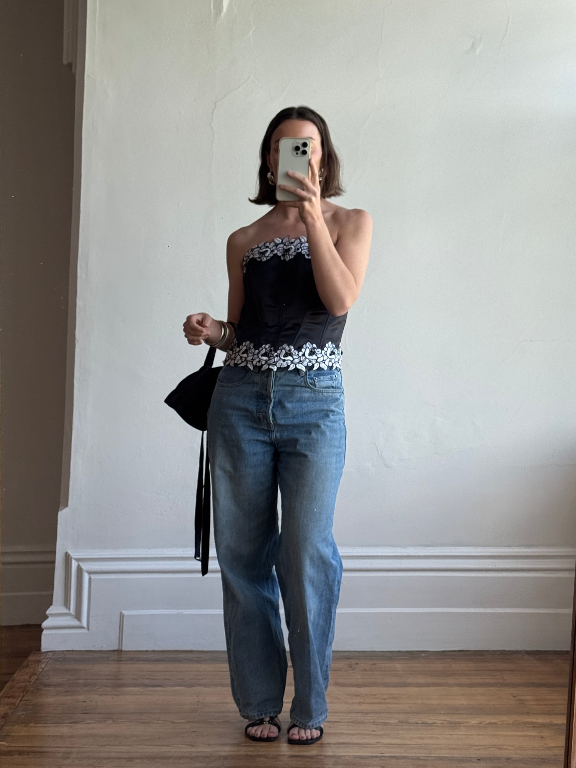 Vintage 90s Black Lace Up Corset with Contrast Flowers
