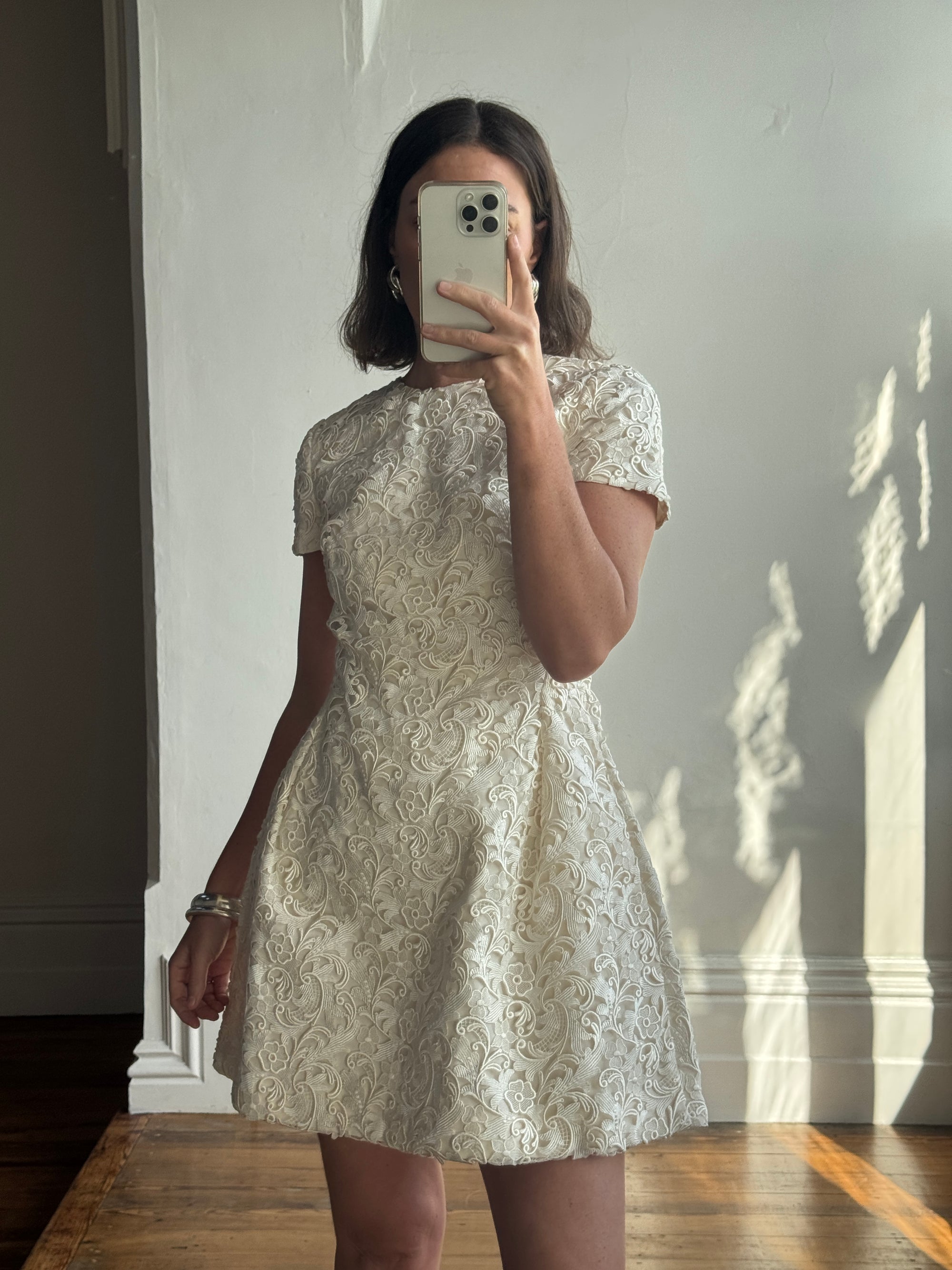 Vintage 90s Christian Dior Guipure Lace Structured Bridal Mini Creme