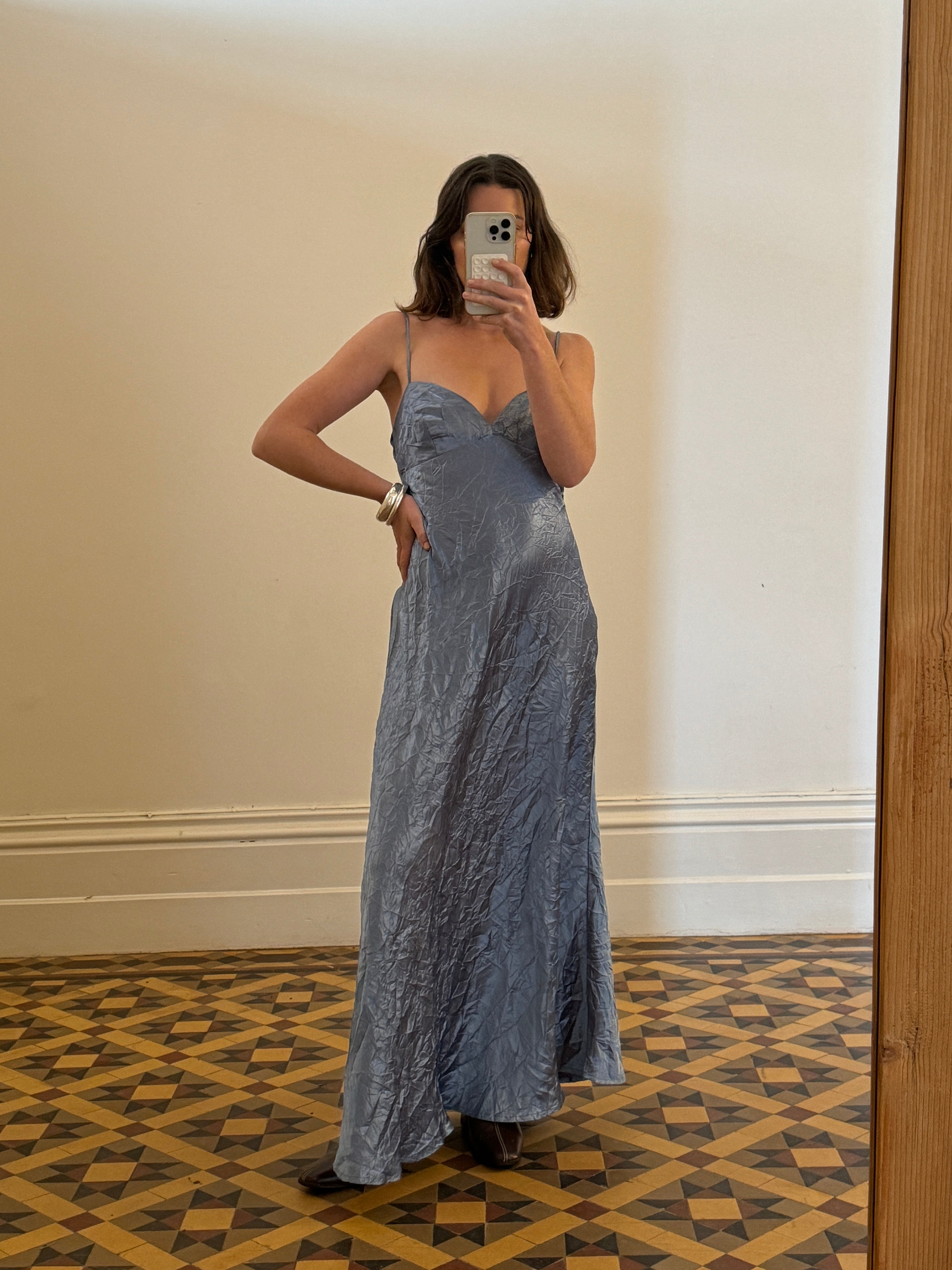 Vintage 90s Blue Crinkle Bias Slip Dress