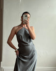 Vintage 90s Slinky Halter Bias Slip Gown Gunmetal