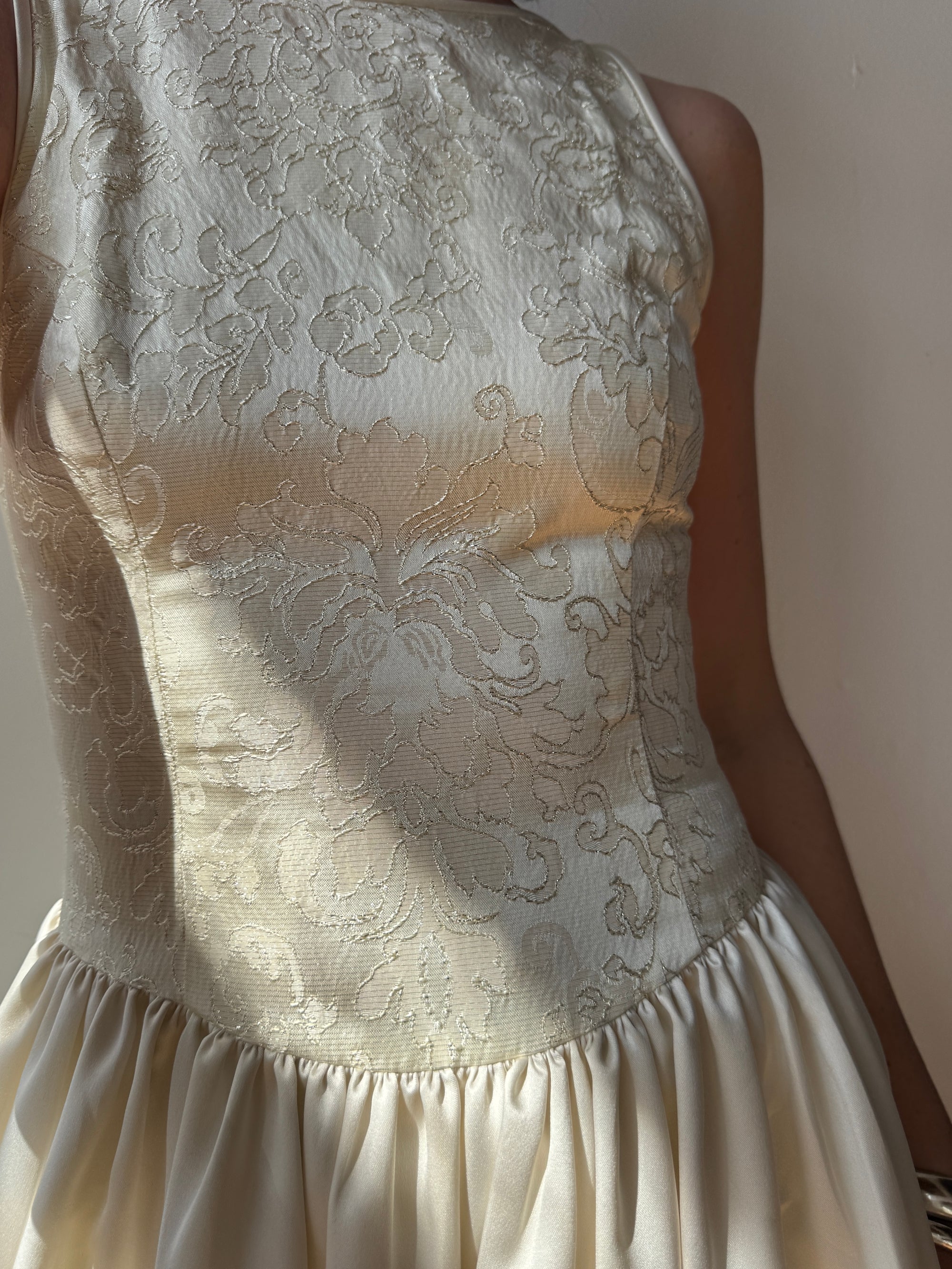 Vintage 90s Brocade High Front Satin Wedding Gown Champagne