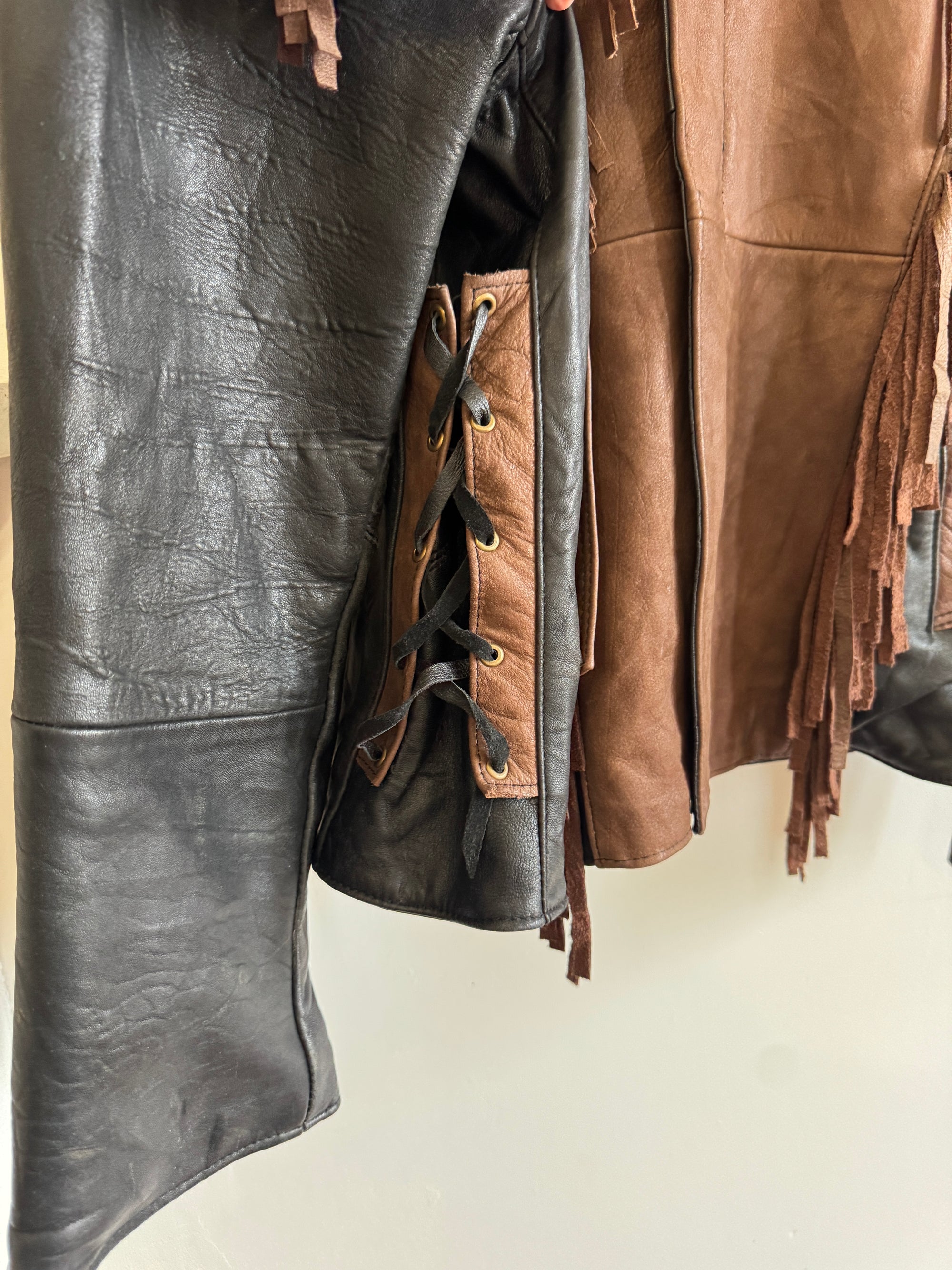 Vintage 70s Fringed Lace Up Leather Jacket Chocolate Noir