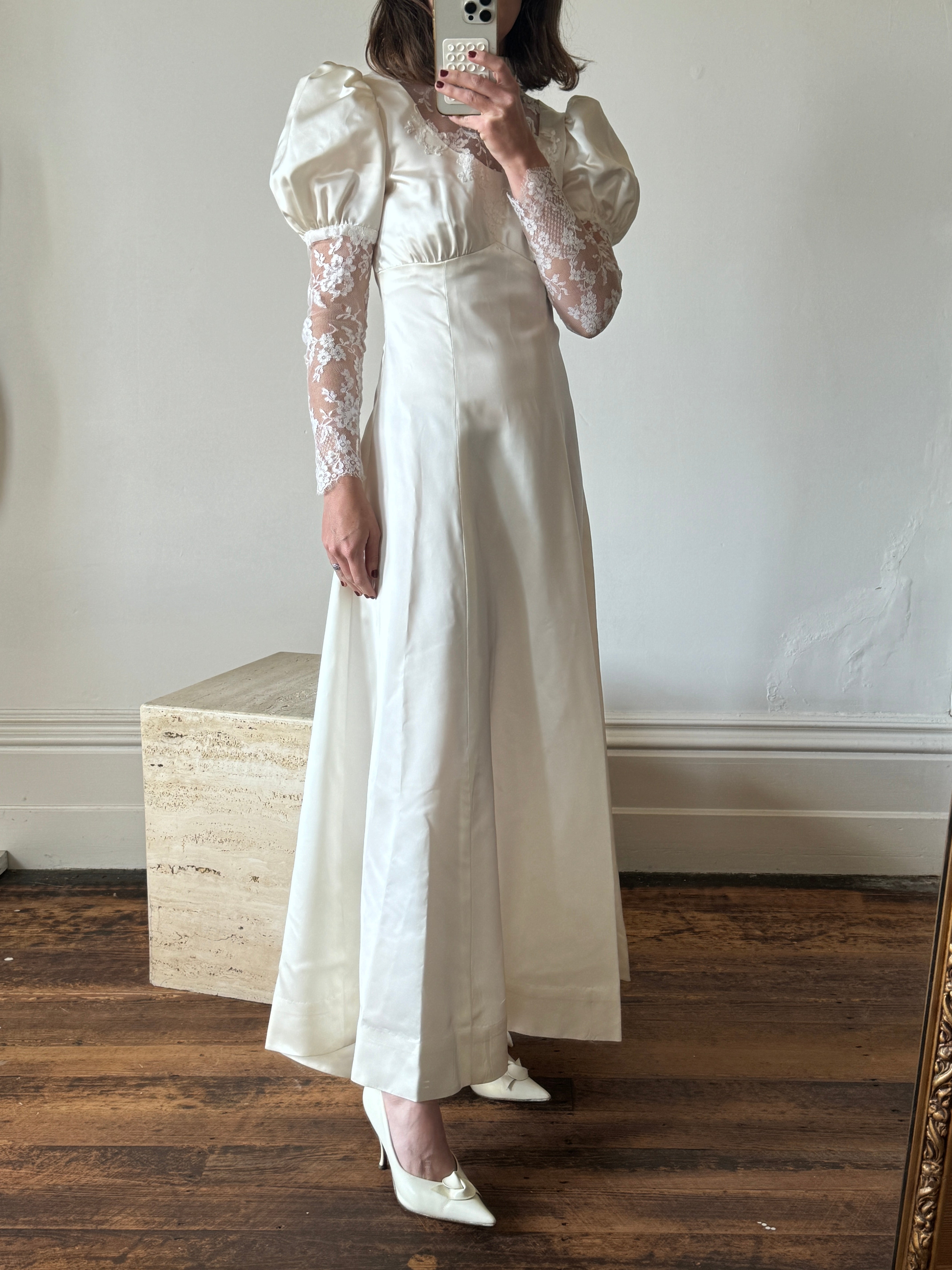 Vintage 80s Satin A-Line Wedding Gown with Puff Sleeves