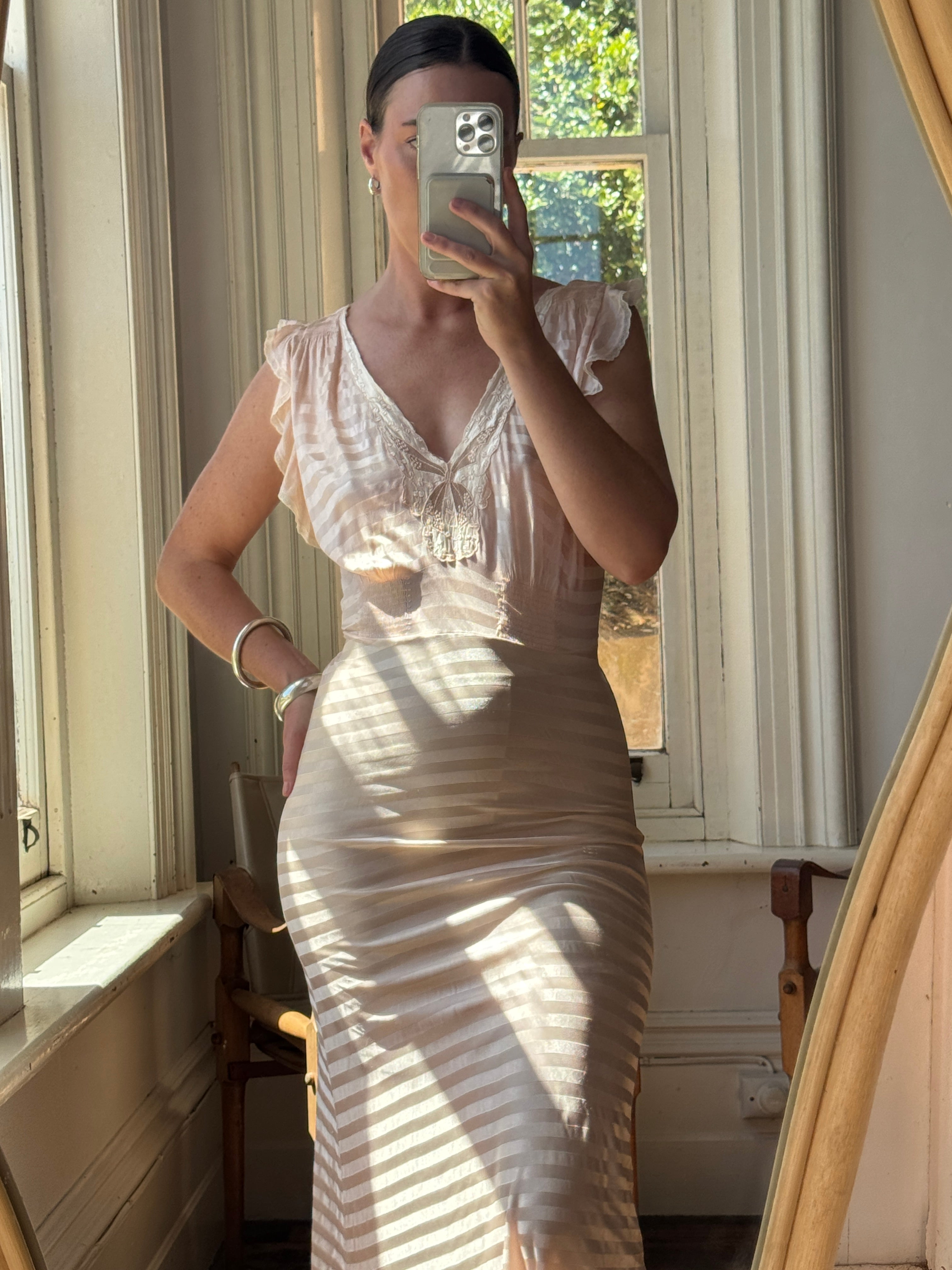Vintage 50s Slip Smocked Dress Stripe Pink
