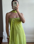 Vintage Y2K Chartreuse Strapless Pure Silk Brooch Dress