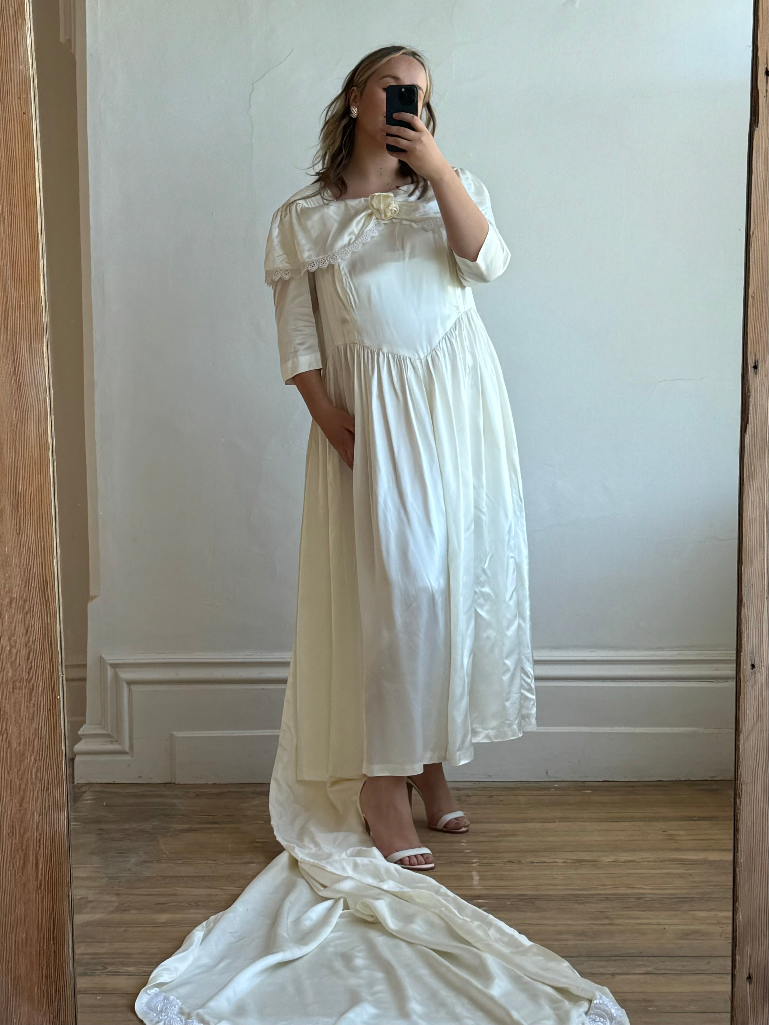 Vintage 80s Liquid Satin Basque Waist Wedding Dress