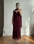 Vintage 90s Burgundy Slip Dress With Pink Sequins and Scarf