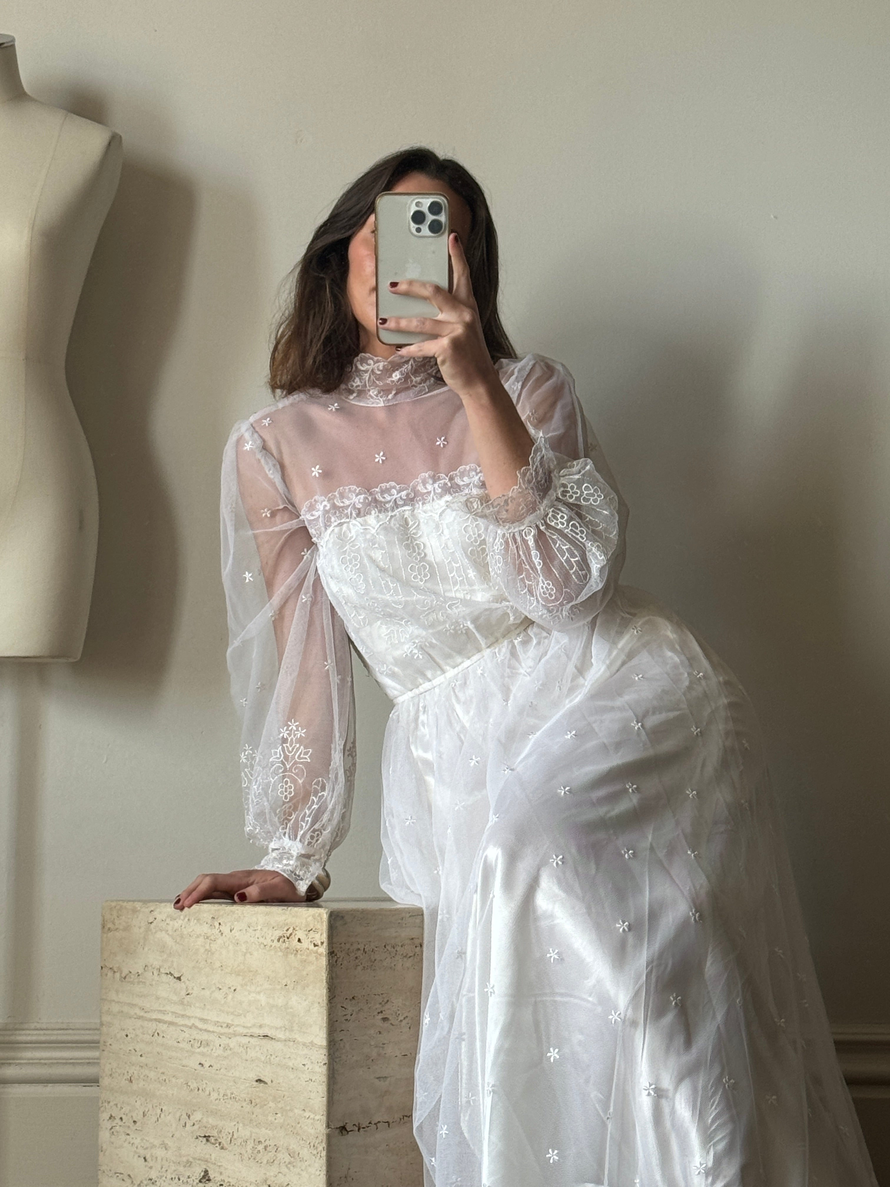 Vintage 70s High Neck Embroidered Long Sleeve Wedding Dress Call Me The Breeze