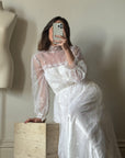 Vintage 70s High Neck Embroidered Long Sleeve Wedding Dress