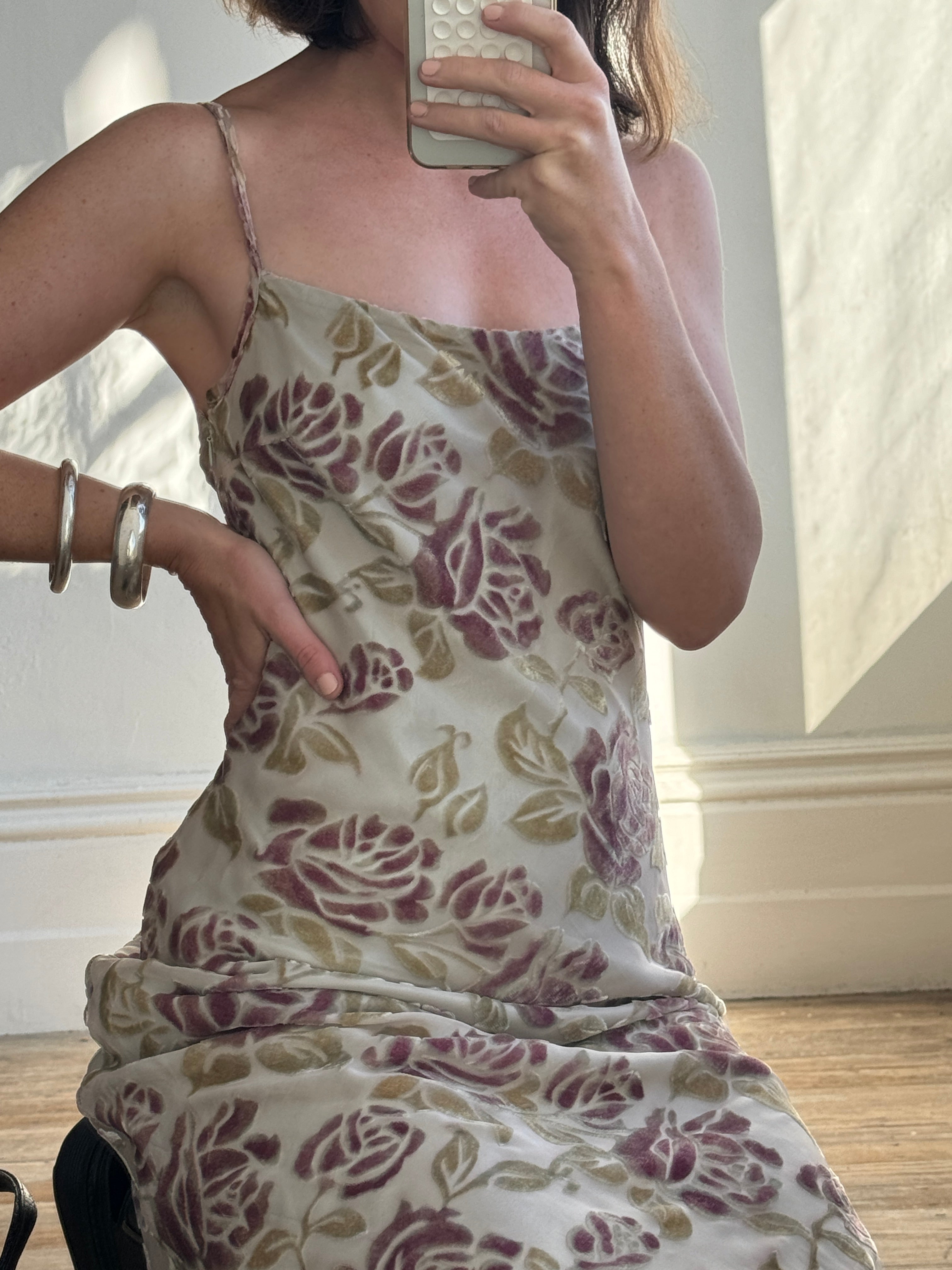 Vintage 90s Burnt Velvet Bias Cut Slip Dress Olive