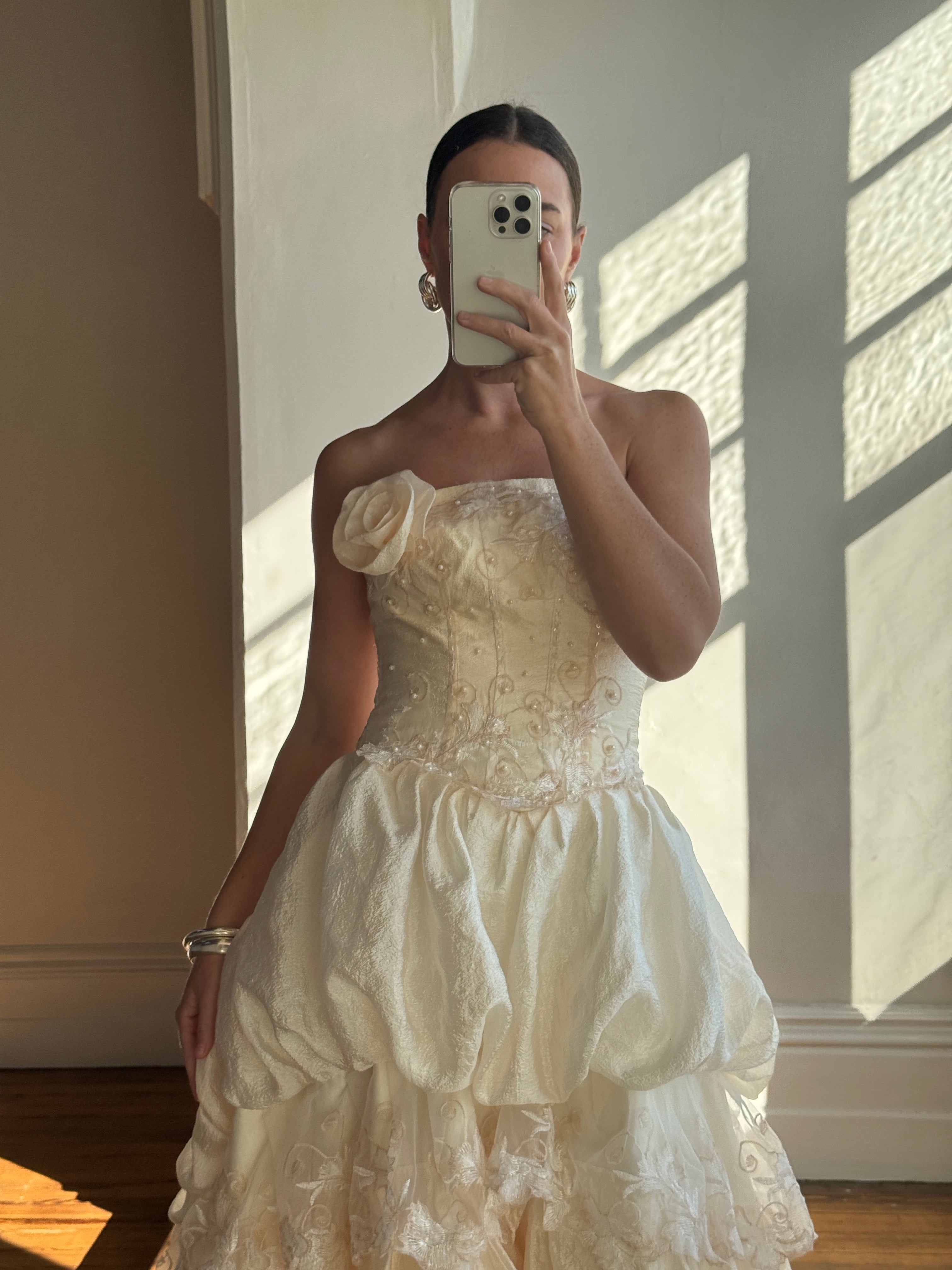 Vintage 90s Strapless Rosette Bubble Wedding Gown Peachy Creme