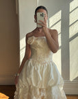 Vintage 90s Strapless Rosette Bubble Wedding Gown Peachy Creme